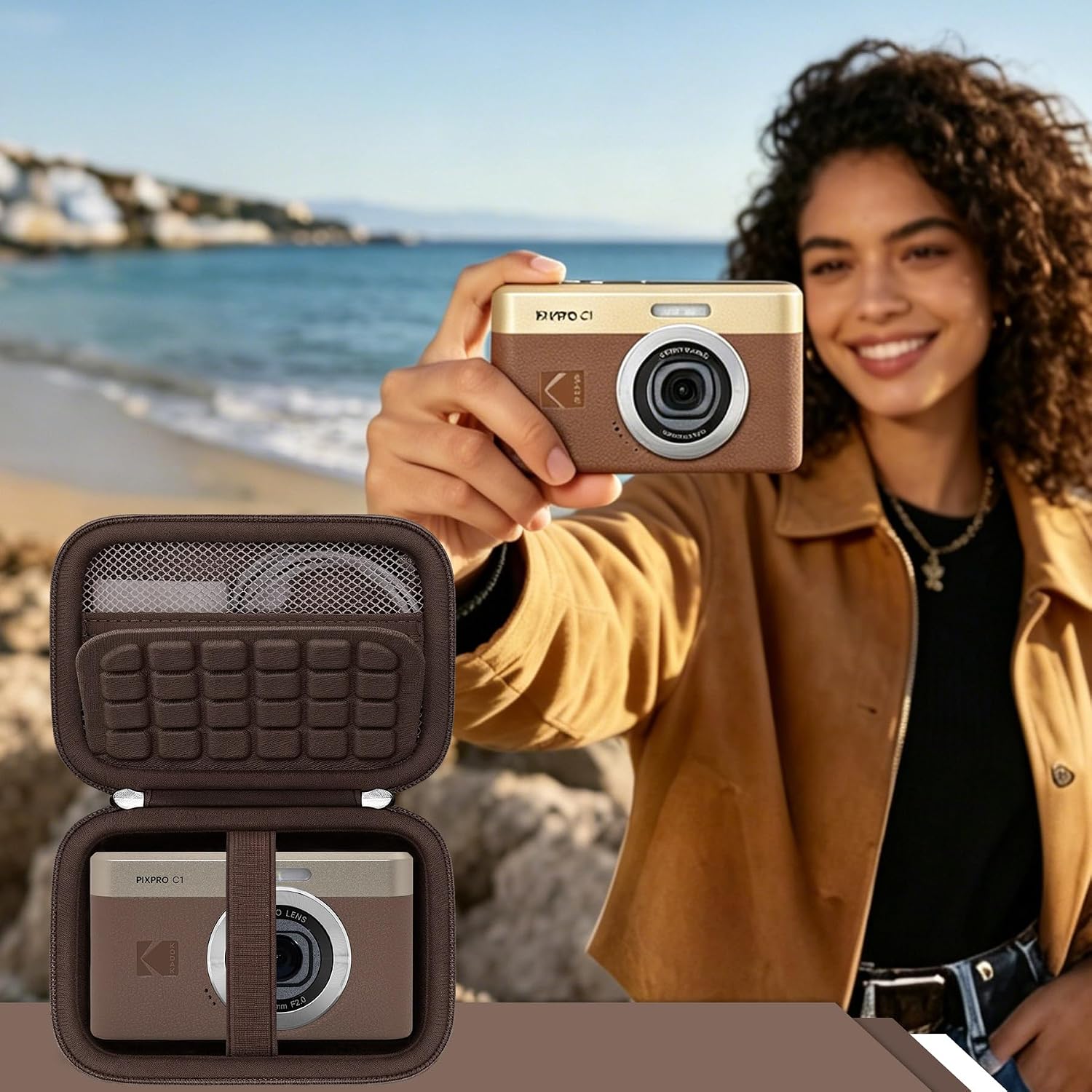 RAIALL Carrying Case for KODAK PIXPRO C1 Friendly Zoom Digital Camera, Point and Shoot Vlogging Camera Hard Travel Bag, Mesh Pocket for Charging Adapter, SD Card, USB Cable and Batteries, Brown