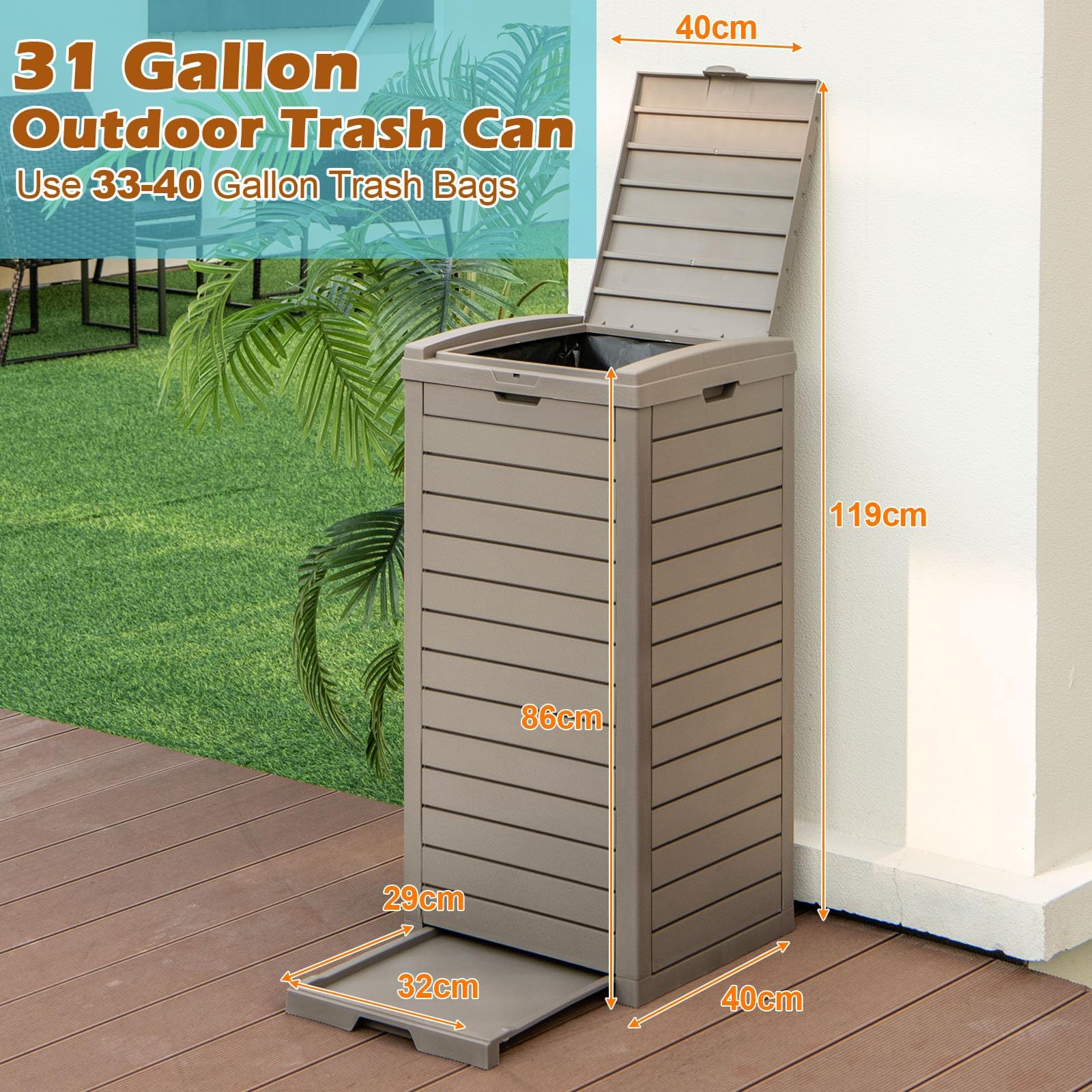 LIFEZEAL 2 Pattumiere Differenziata Esterno 118 L, Bidoni Giardino, Resistente alle Intemperie, in Resina, con Coperchio, Maniglia, Cestino Raccolta Spazzatura, Secchio Rifiuti, 40x40x86 cm, Marrone