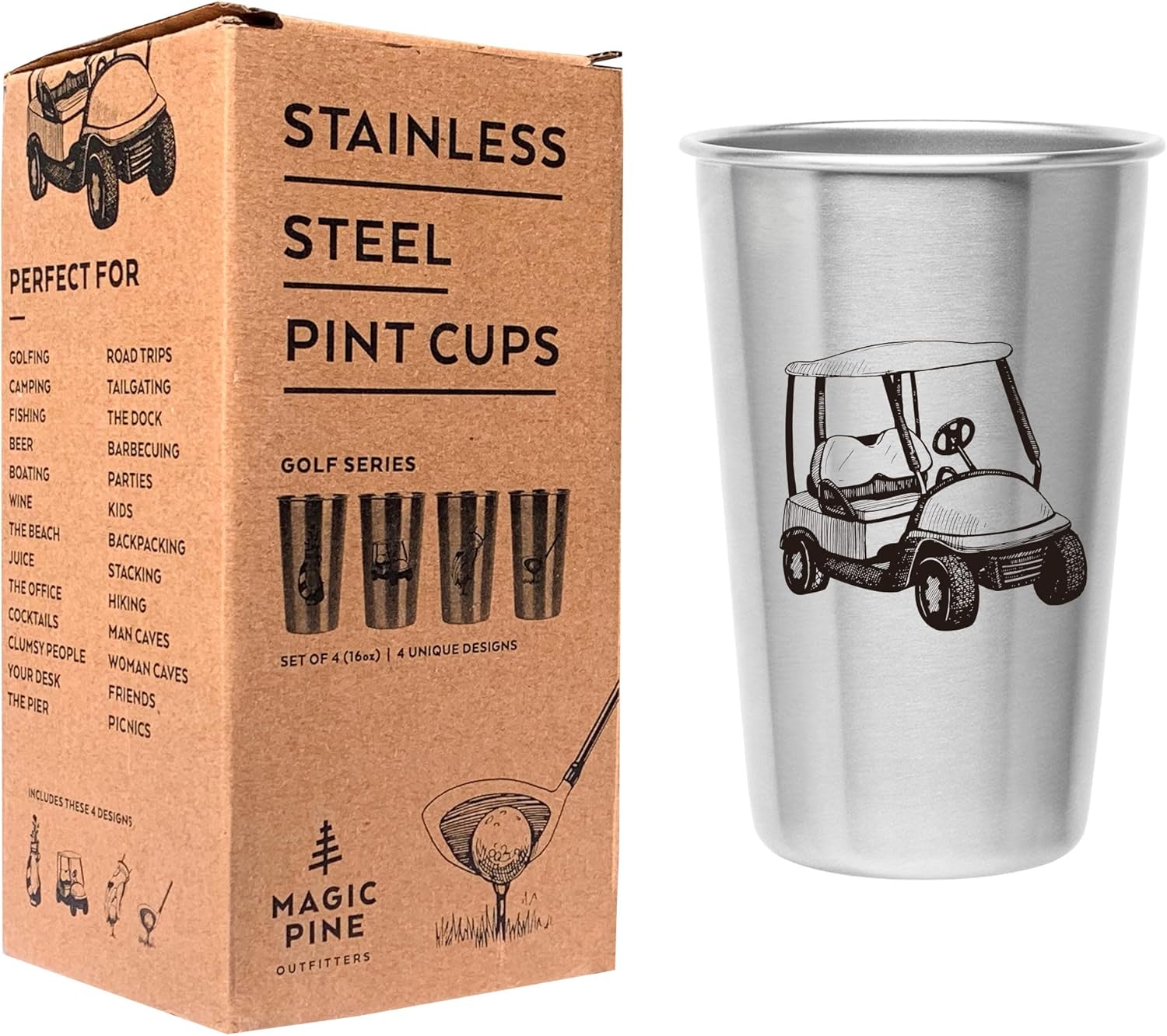 Golf Tumblers - Stainless Steel (Set of 4) - 16oz Capacity - Unique Gift for Dads, Men, and Prize for Golfers. Designs include Golf Cart, Glove/Tee, Driver, and Golfing Bag. - Image 4