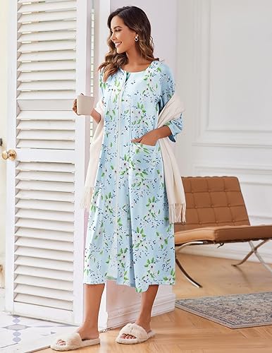 Miniatura 4 de EKOUAER - Bata de manga media para mujer, con cierre, ropa de descanso, largo completo, con bolsillos, talla S-XXL