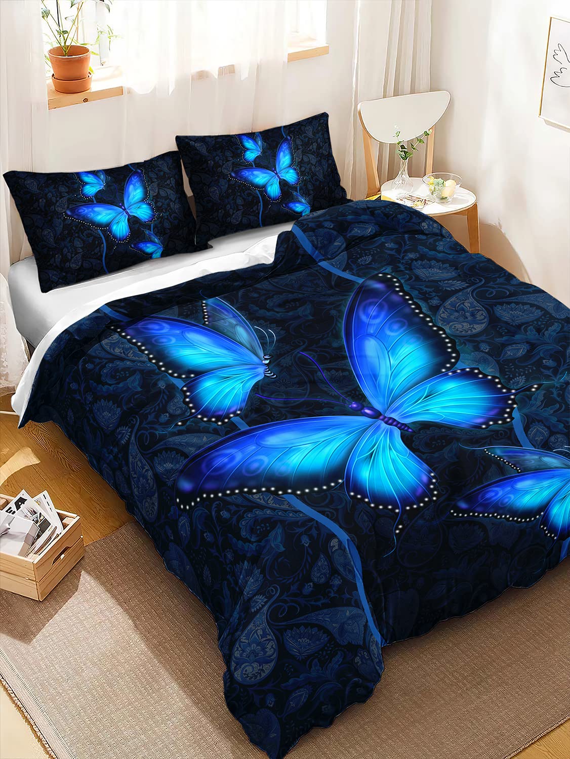 HOSIMA Blue Butterfly Bedding Set for Girls?Mandala Bedding Boho Floral Comforter Cover Decor