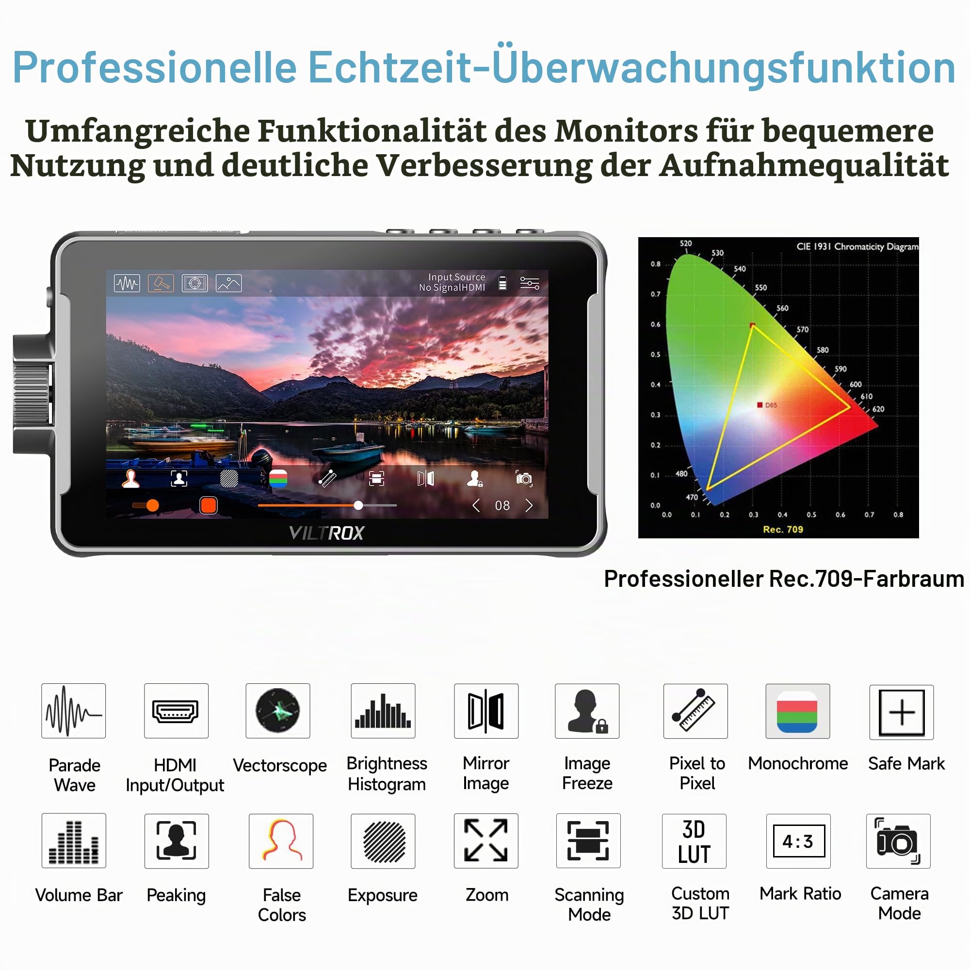 VILTROX DC-550 Touchscreen Kamera Field Monitor 5,5 Zoll 1200 Nits DSLR Camera Monitor 4K HDMI Eingang/Ausgang Full HD 1920x1080 IPS 3D-Lut Video Peaking Focus Assist mit Akku und Sonnenschutz haube