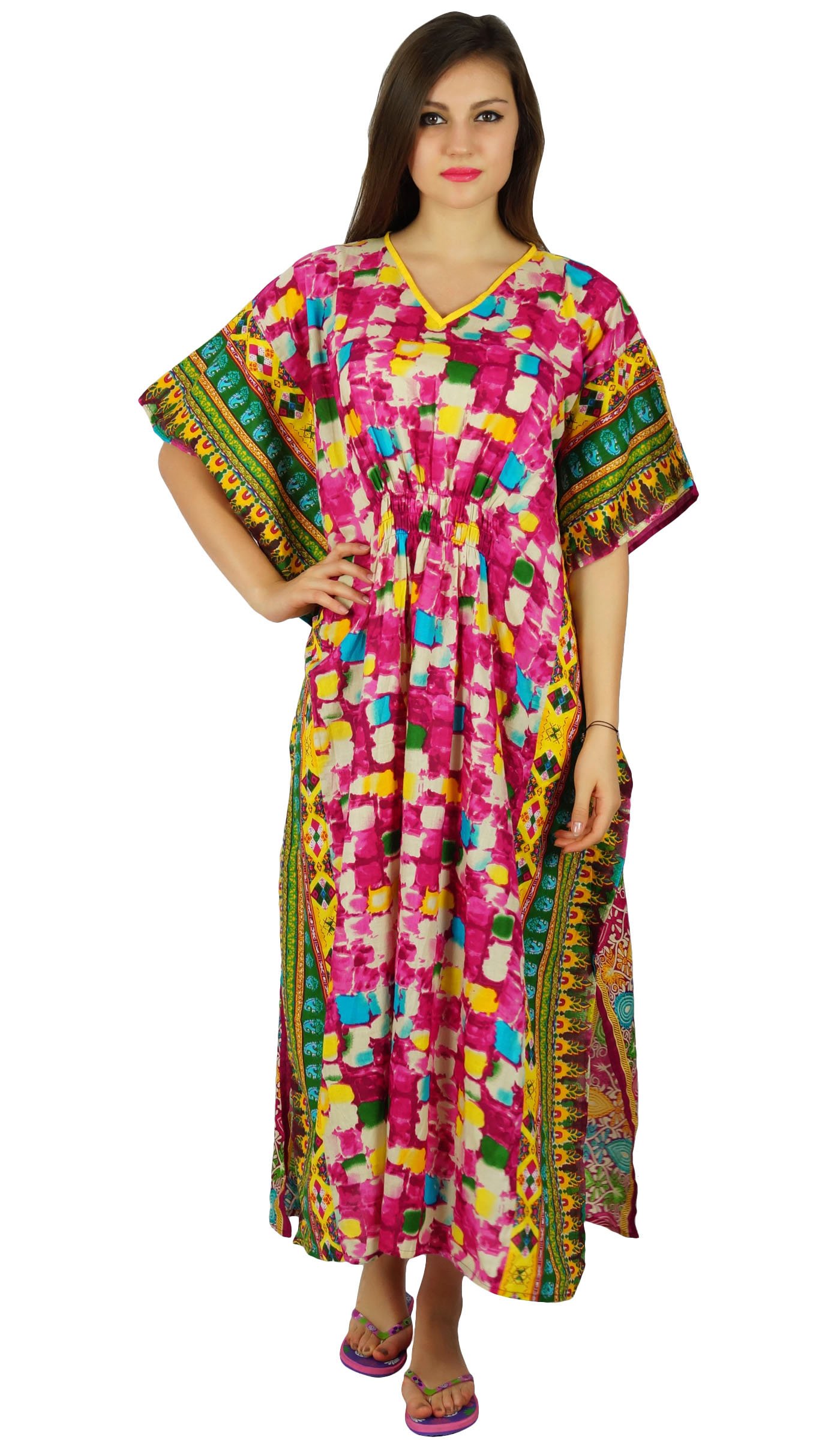 Bimba Women's Multicolor Cotton Kaftan Long Maxi Printed Caftan Smocked Waist Night Wear