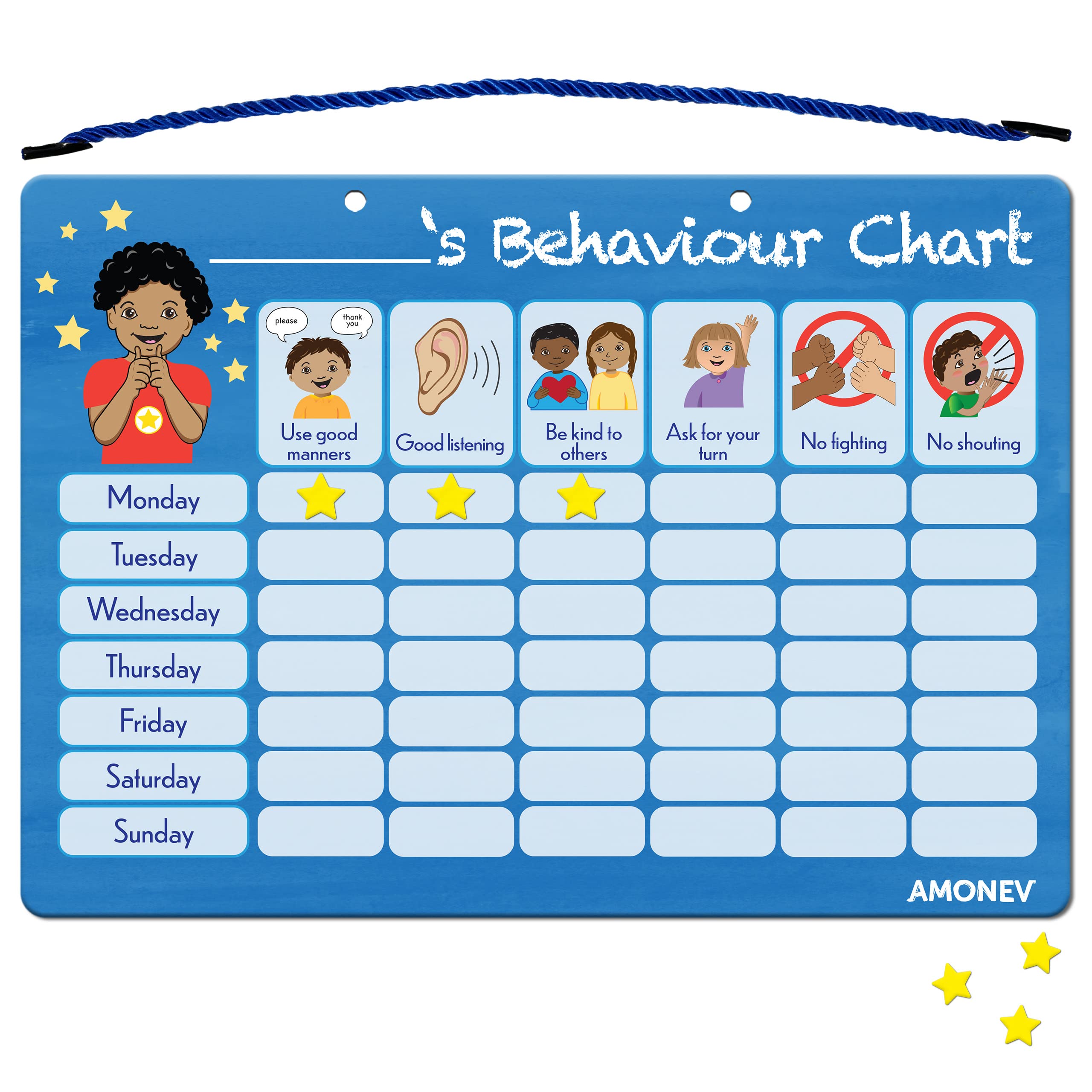 Amonev Children's Magnetic Behaviour Reward Chart. Magnetic Sticker Chart. Reusable Wall Chart for Promoting Good Behaviour (Blue)