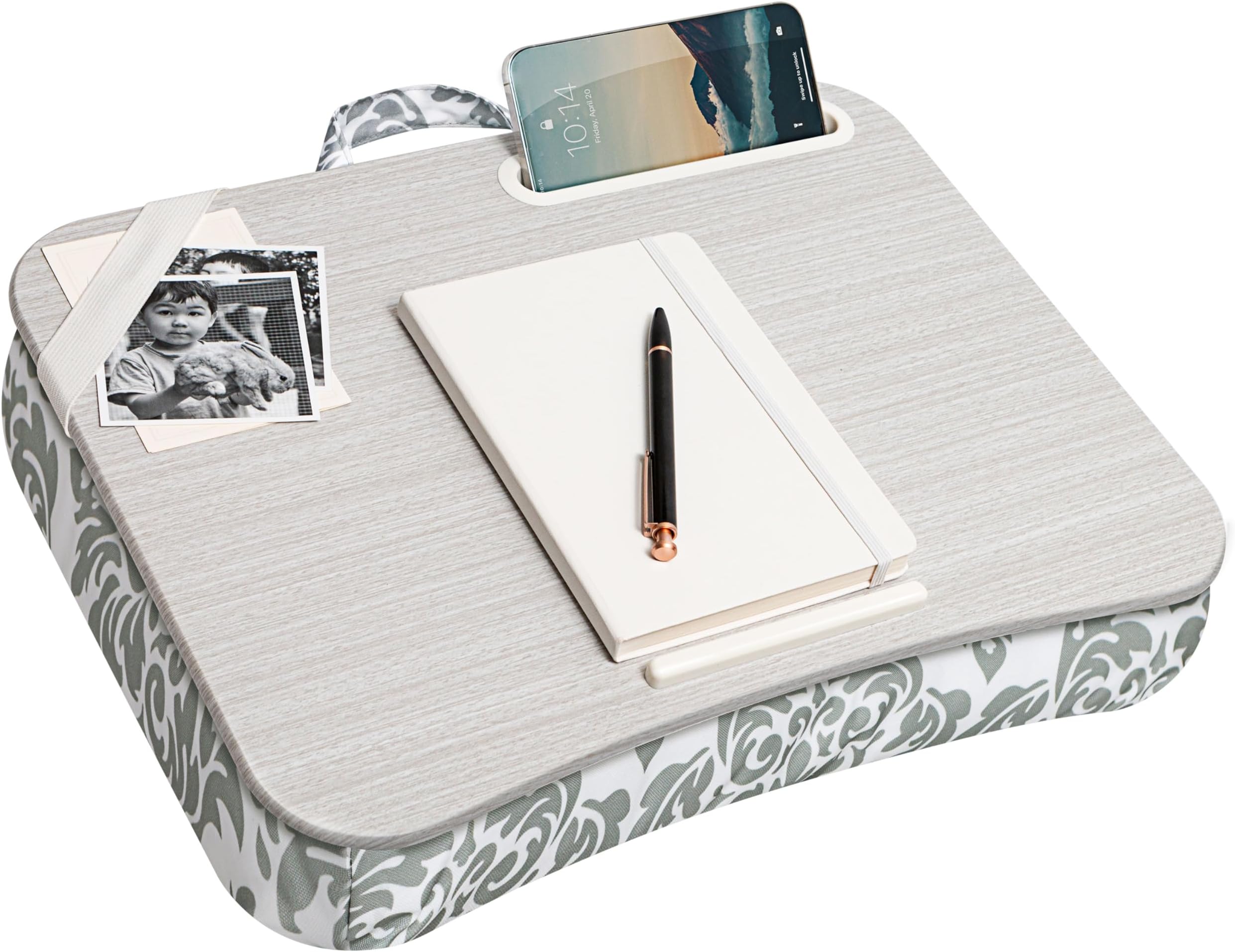 LAPGEAR Designer Lap Desk with Phone Holder and Device Ledge - Gray Damask - Fits up to 15.6 Inch Laptops - Style No. 45424