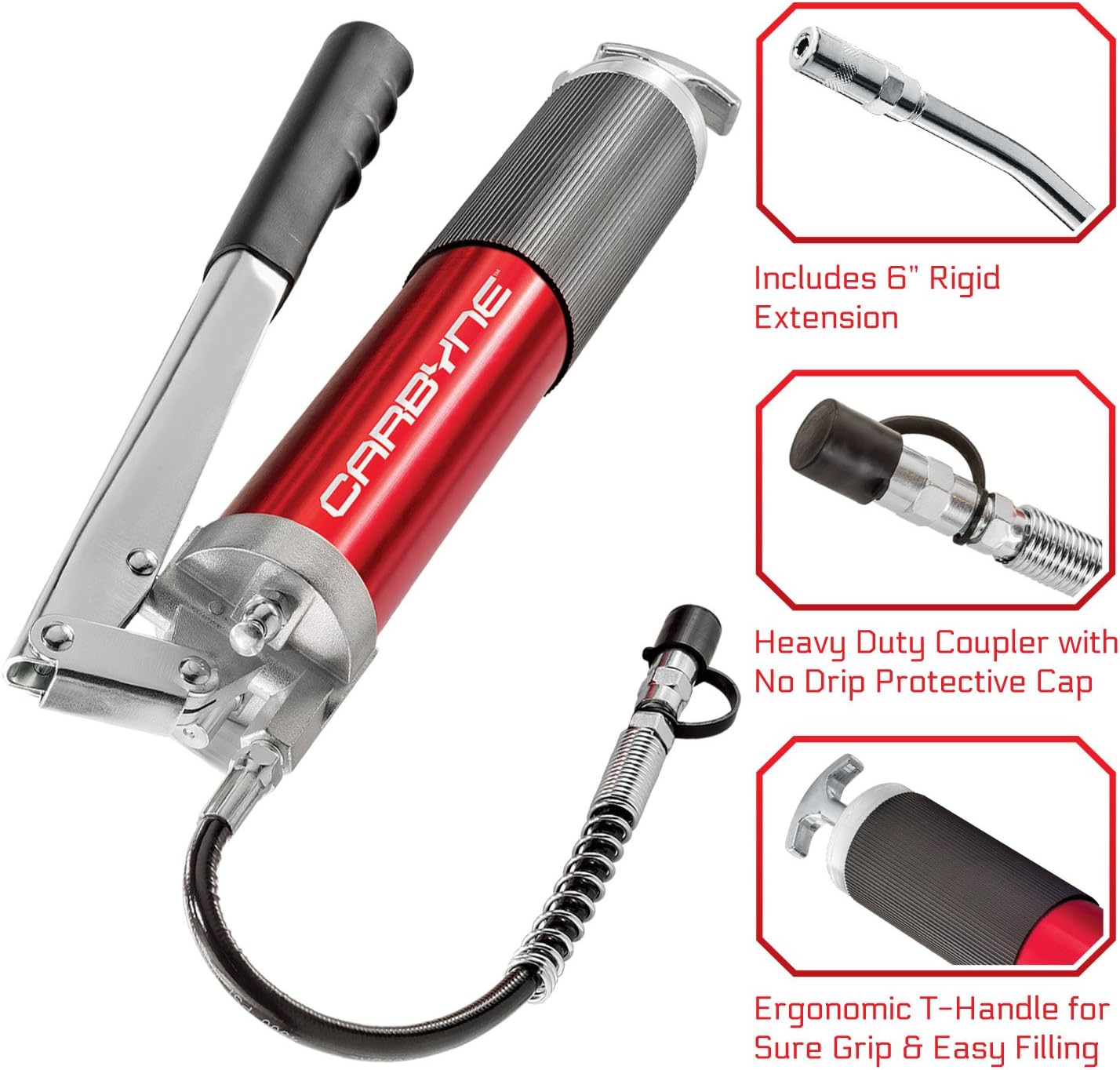 Carbyne Grease Gun, Lever Handle, Anodized Aluminum Barrel, 3-Way Loading, 12 in. Flex Hose, 6 in. Rigid Extension, Coupler, for Zerk Fittings