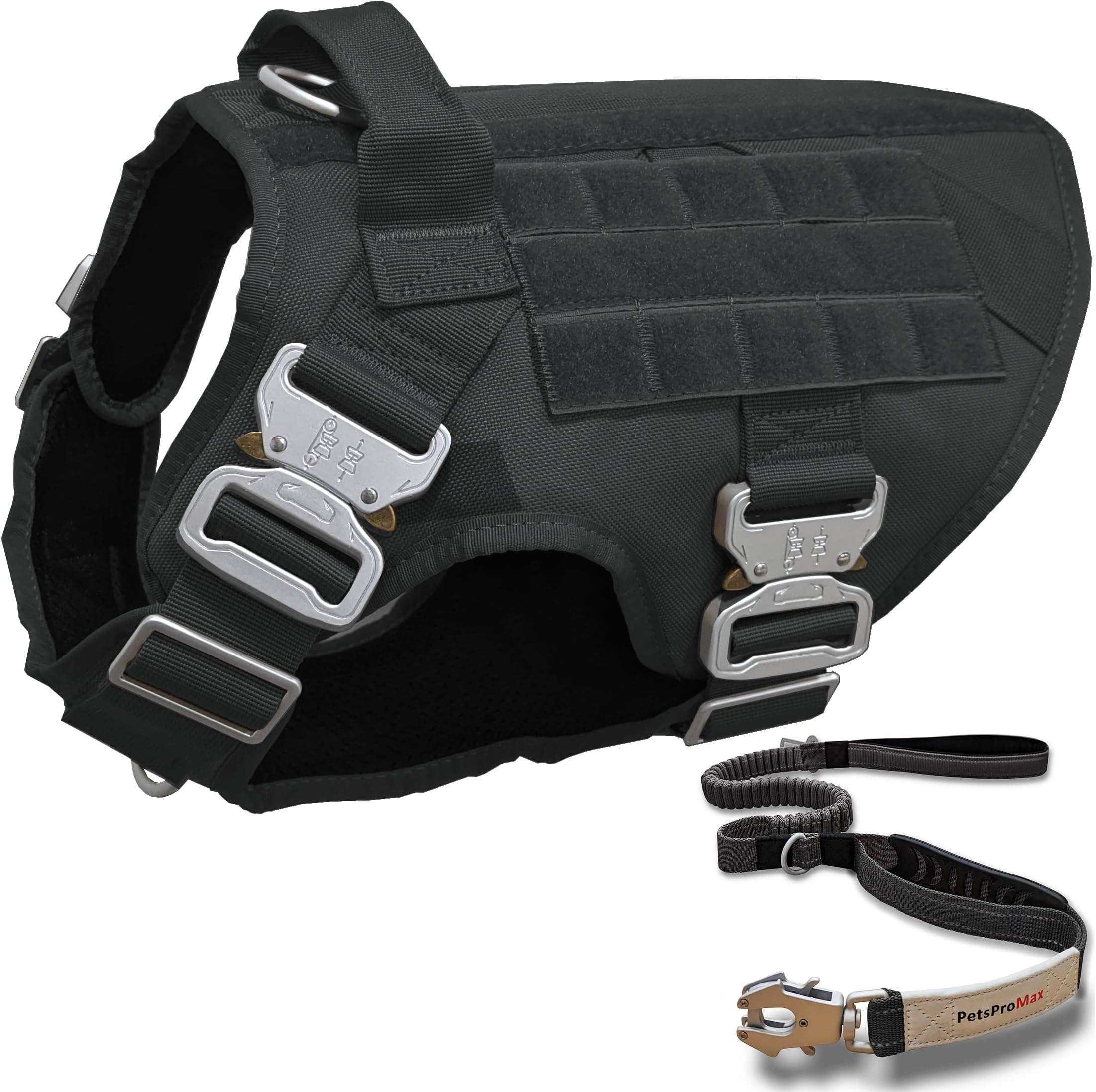 Pets ProMax Tactical Dog Harness with Tactical Dog Leash as 1 Set for Medium Dogs