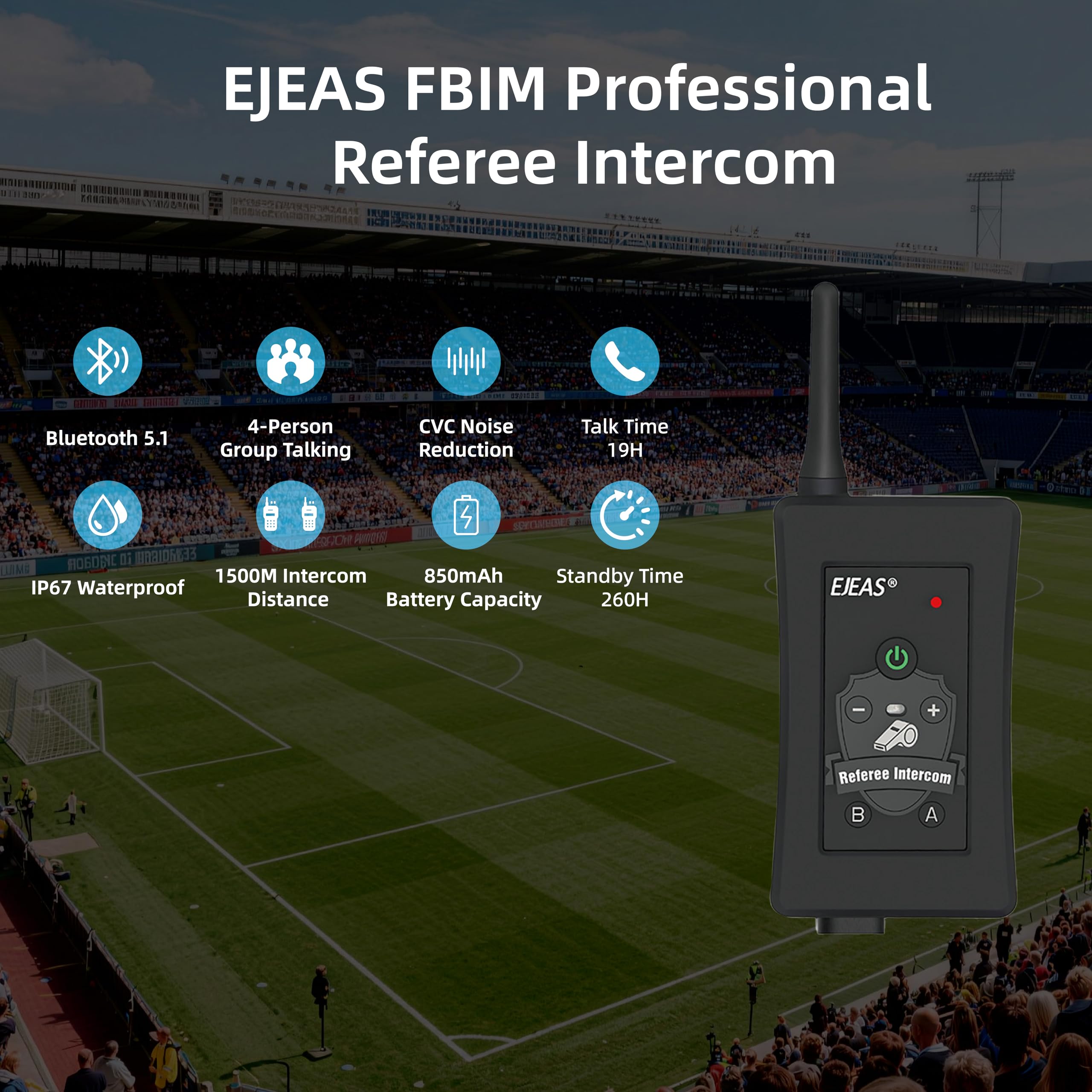 EJEAS FBIM Professionelles Fußball Schiedsrichter Bluetooth Intercom Headset Kommunikationssystem mit CVC-Rauschunterdrückung und Box Handtasche für 4 Schiedsrichter Intercom (4 Packung)