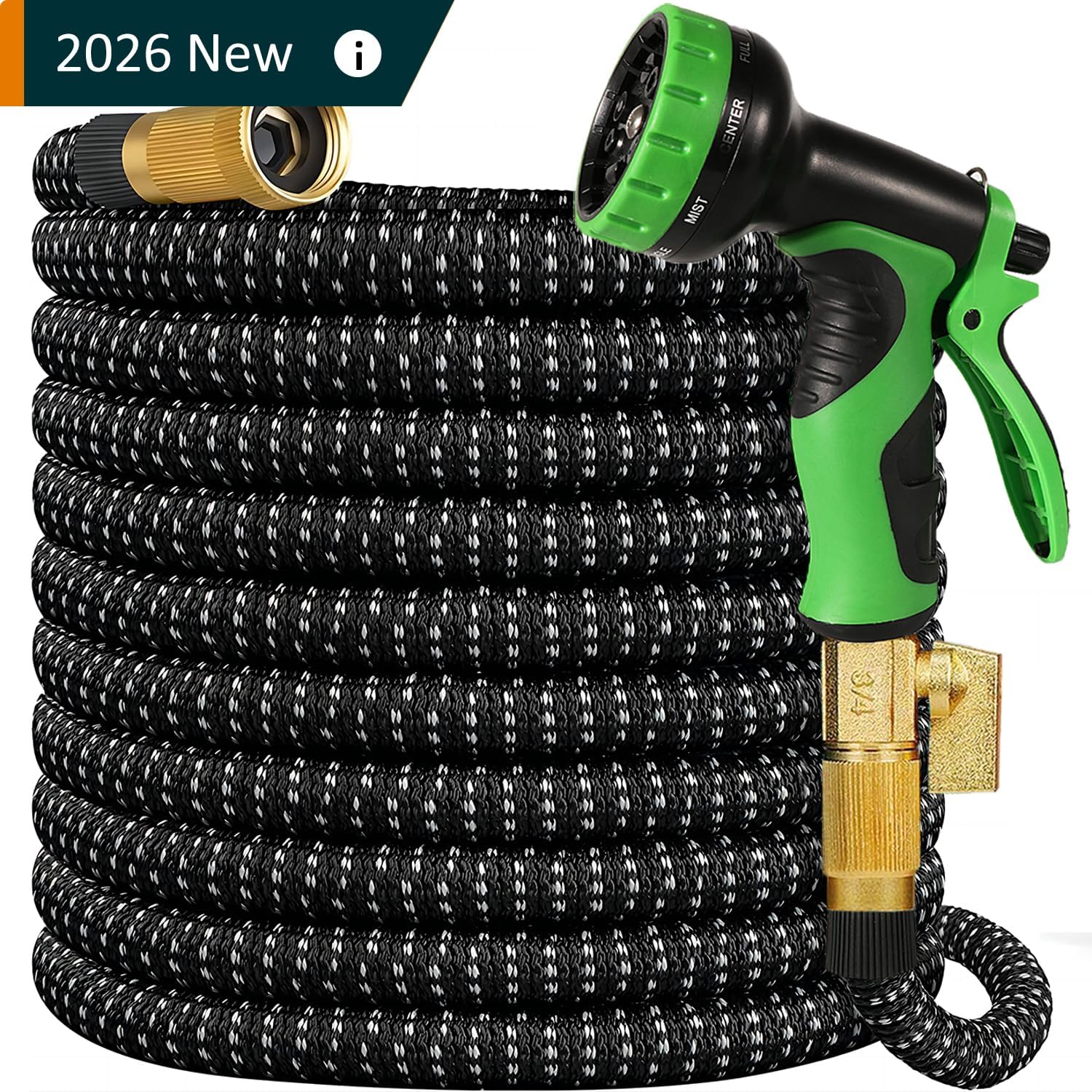 Expandable Garden Hose 100ft, 2026 New No Kink Collapsible Water Hose 100 ft, 10 Function Nozzle, Solid Brass Fittings, Durable Fabric & Latex Core, Lightweight, Flexible for Gardening, Car Washing