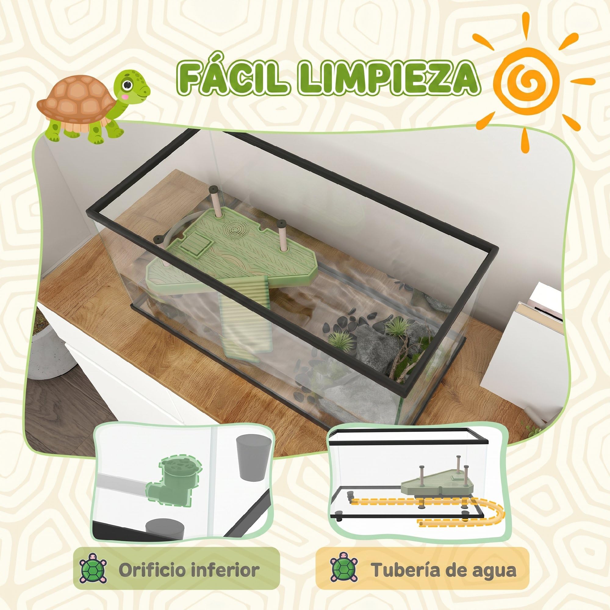 PawHut Acuario para Tortugas 50L con Plataforma 60x30x32 cm Transparente | Terrario de Tortugas Pequeñas, Rampa, Drenaje Fácil, Termómetro Adhesivo