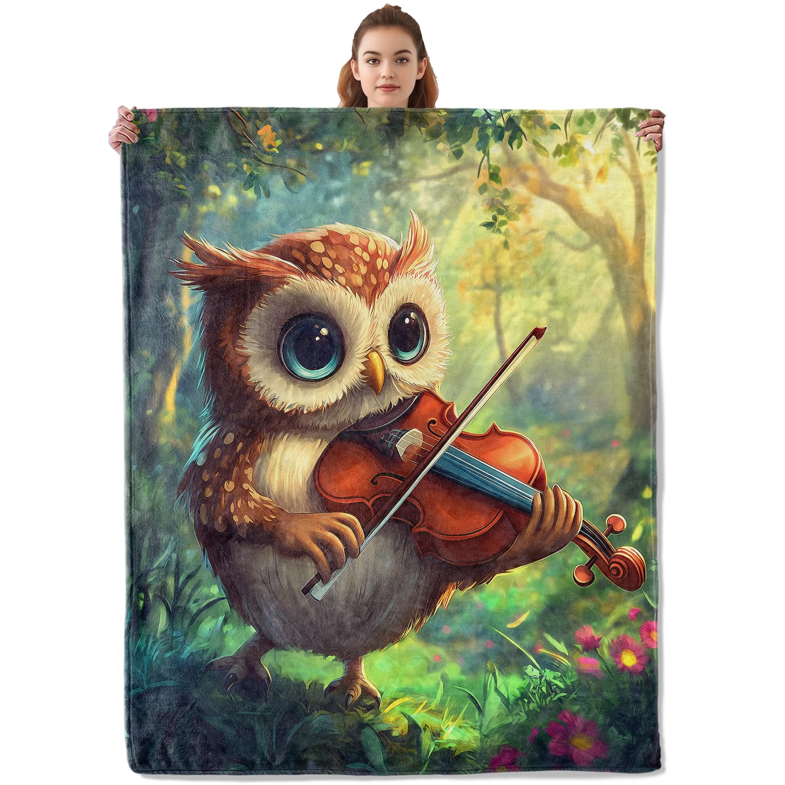 Kibue Owl Violin Blanket, Soft & Warm Flannel Throw - Cozy Plush Lightweight Blankets for Travel, Decor, Bedroom, Office, Sofa for Adults Kids - Ideal
