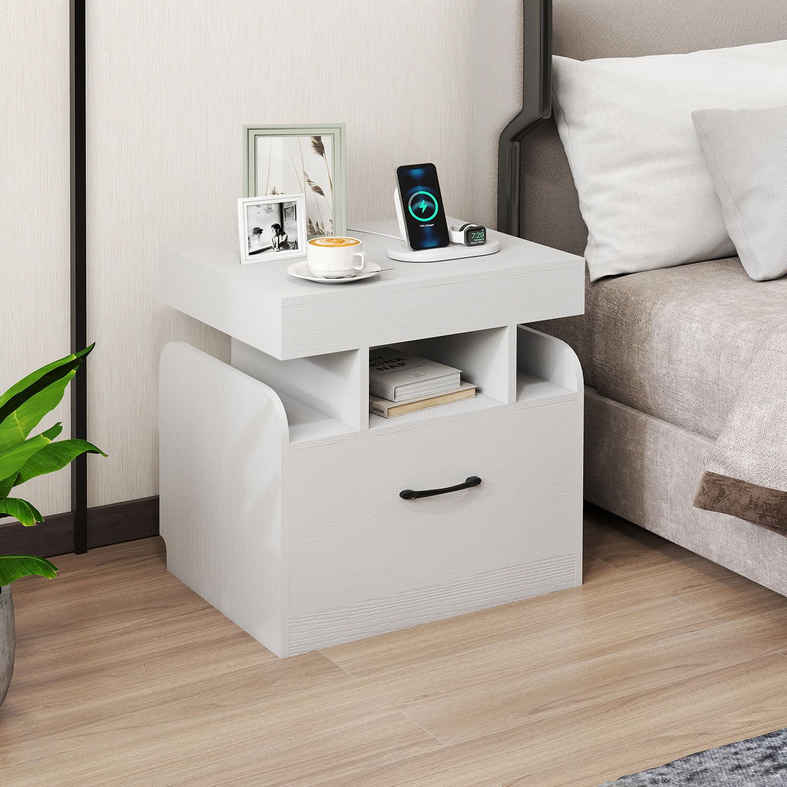 COSTWAY Stolik nocny z 2 gniazdka, 1 USB, 1 Type-C, szufladą i tajną przegródką, 50x40x55 cm biały