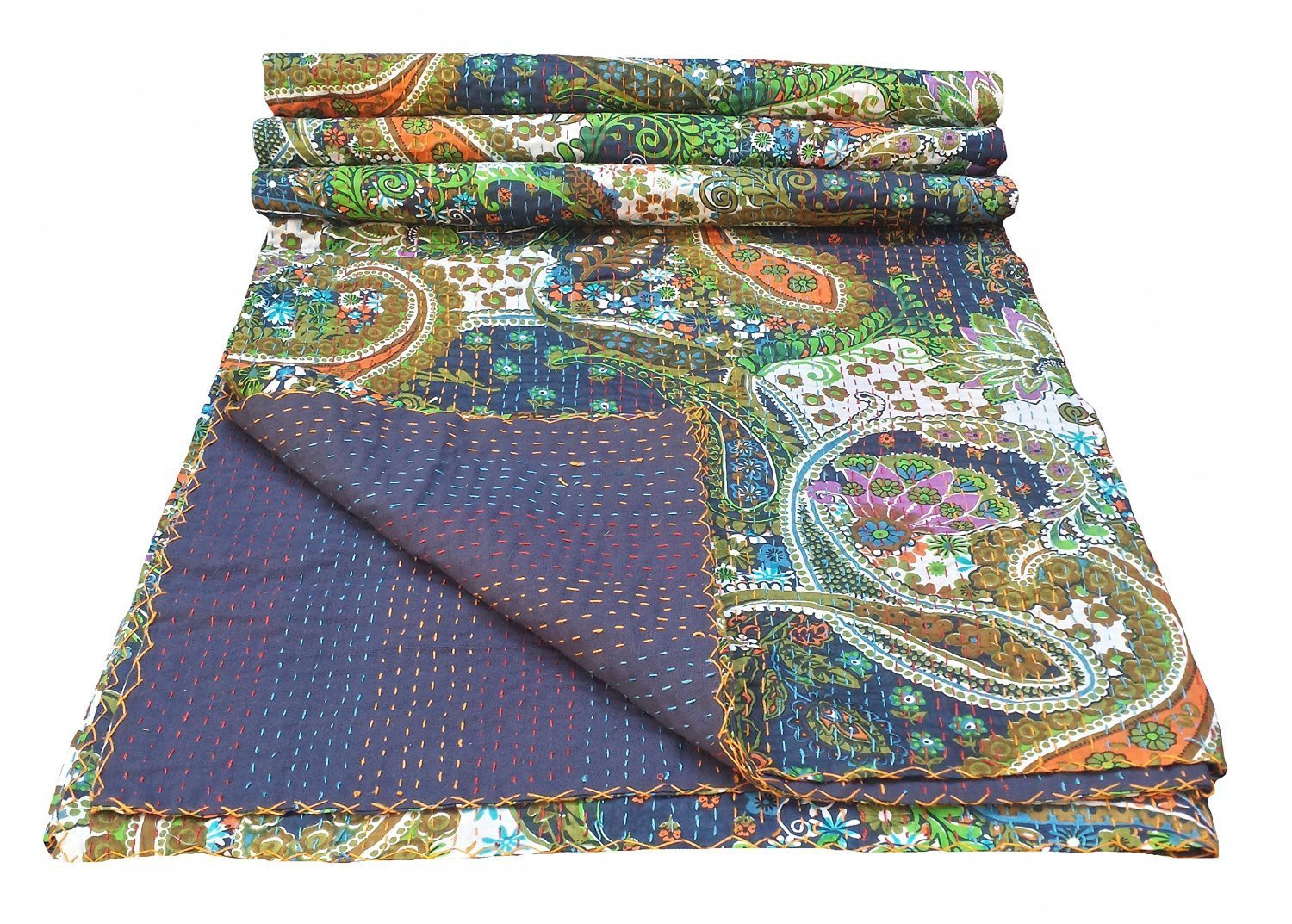 Sophia-Art Indian Handmade Paisley Print King Size Kantha Quilt, Kantha Blanket, Bed Cover, King Kantha Bedspread, Bohemian Bedding Kantha Size 90 Inch x 108 Inch (Royal Blue)