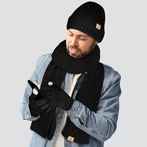 Miniatura 7 de Juego de 3 piezas de gorro de invierno y bufanda, gorro de punto suave y cálido, guantes para pantalla táctil, juego de bufanda de punto largo,