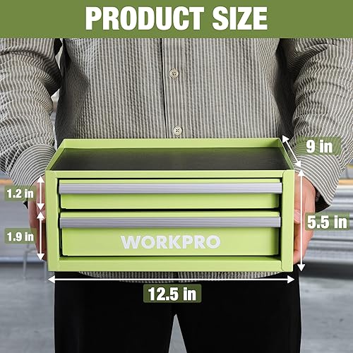 Miniatura 2 de WORKPRO Mini caja de herramientas de 12.5 pulgadas con 2 cajones y 1 almacenamiento superior abierto, pequeño baúl de herramientas de metal con