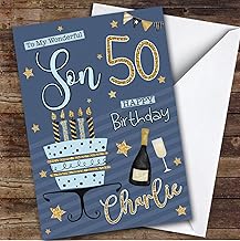 Custom Personalised Son 50th Blue Gold Birthday Card Cake, Personalized Birthday Card For Son, Him, 50th, Milestone Birthdays