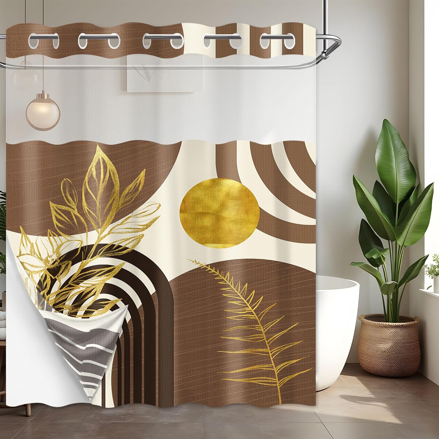 Boho Mid Century Modern Hookless Shower Curtain with Snap in Liner, Black and Brown Beige and Gold No Hook Double Layer Shower Curtains and Liner Set, Waterproof Cloth Fabric, 71" W X 86" L