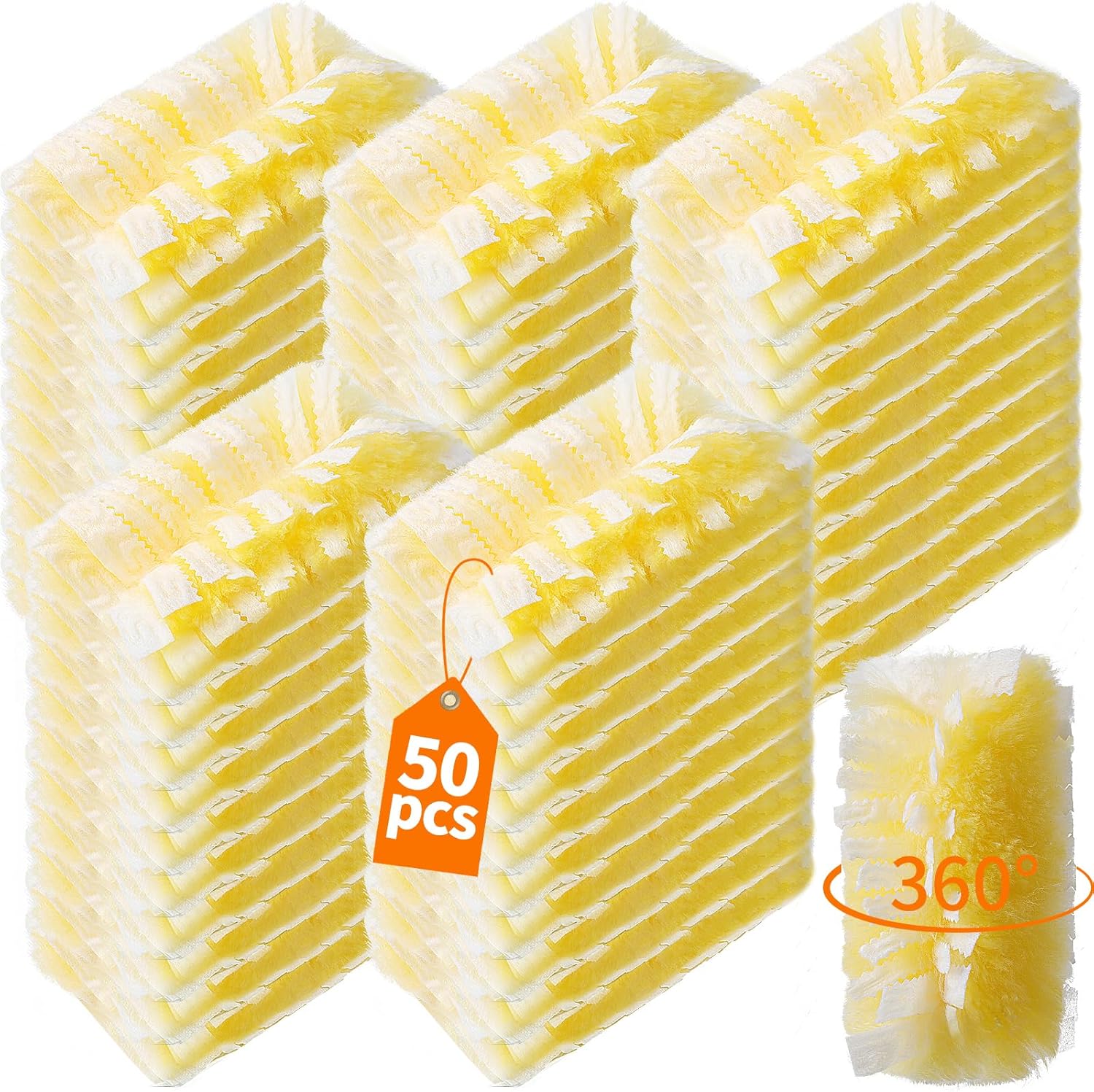50 count 360° heavy duty duster refills compatible with swiffer, larger size-extra thick electrostatic disposable dusters refill for electronics, furniture, blinds, ceiling fans, unscented yellow