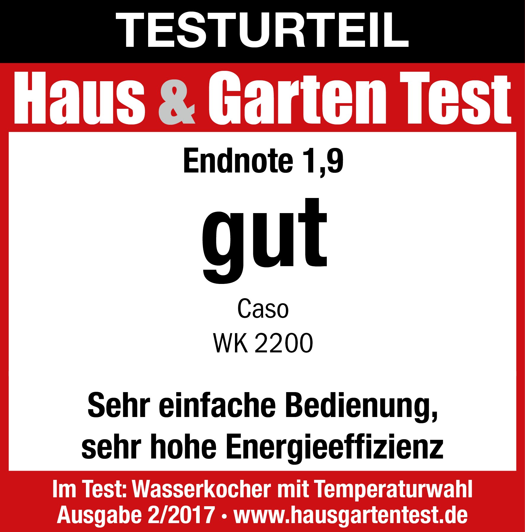 CASO WK 2200 Wasserkocher, Leistungsstarke 2200 Watt, Kompakte Größe mit 1,2 Liter Kapazität, 10 °C-Schritte von 10-100 °C, Zur Reinigung entnehmbarer Anti-Kalkfilter, 1870