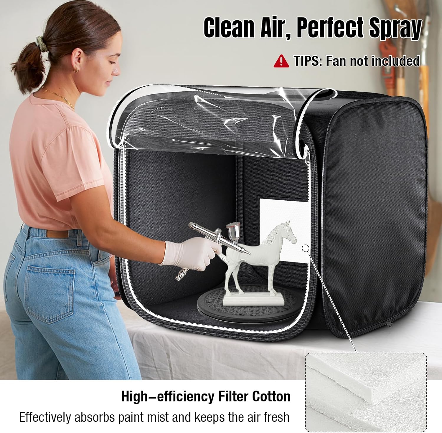 Salcod Portable Airbrush Spray Booth for Model Painting, 19"×19"×19" Paint Booth with Adjustable LED Light, Foldable Airbrush Paint Booth for Crafts, No Fan Included, Black