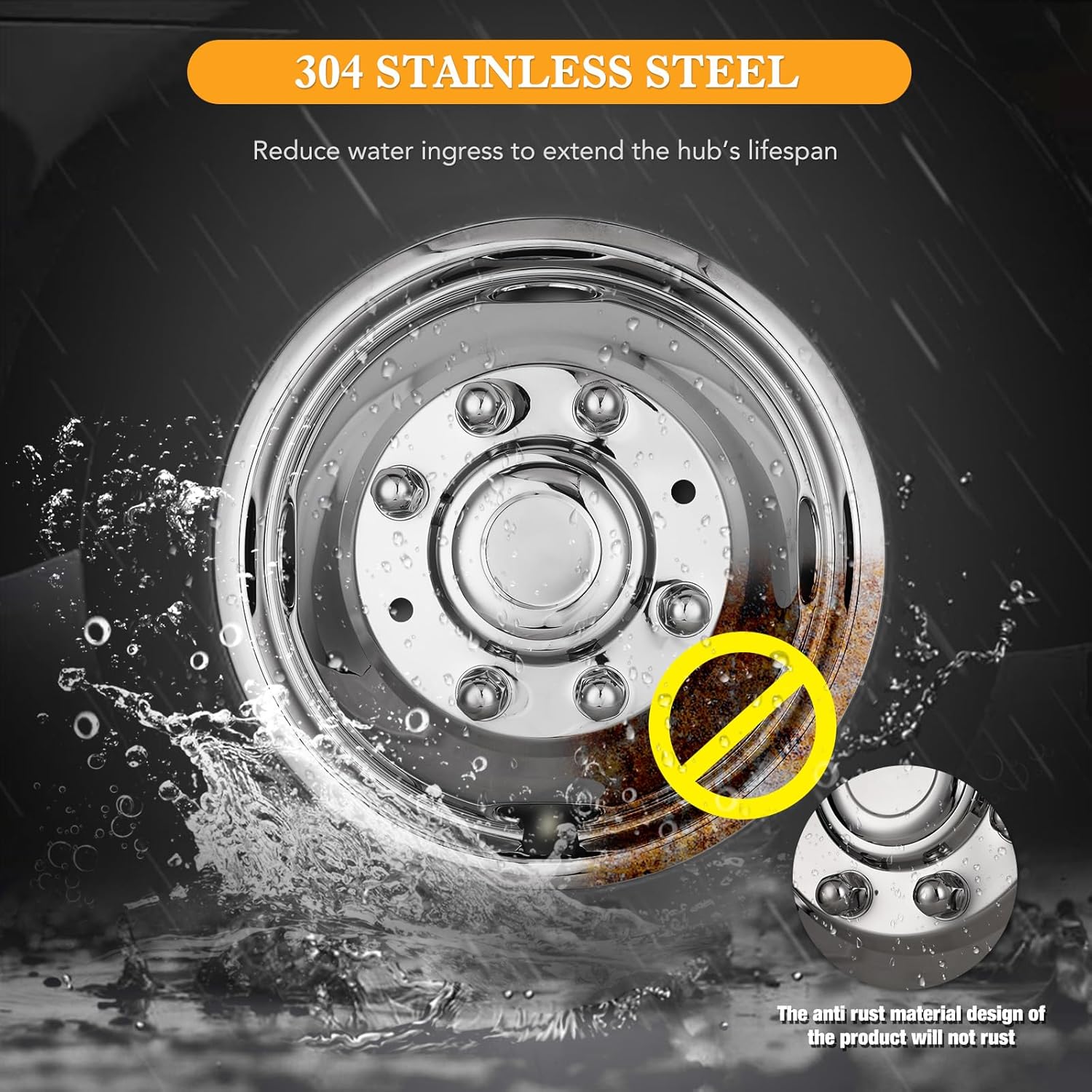 17" Dually Wheel Simulators for 2005-2025 Ford F-350 Dual Rear Wheel Models, Set of 4, Over-The-Lug Mounting, Stainless Steel Dually Hubcaps - 17 Inch, 8 Lugs, 4 Hand Holes