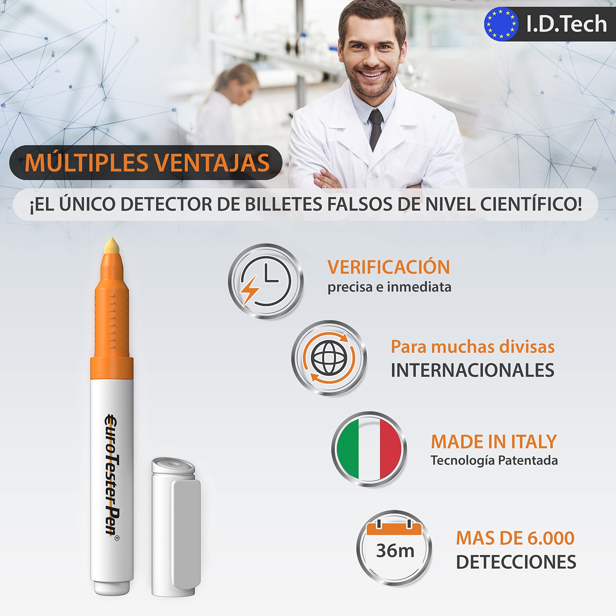 EURO TESTER PEN XL - Detector Billetes Falsos Profesional, Rotulador Billetes Falsos para Euro Dolar Libras y principales monedas internacionales, Original Made in Italy