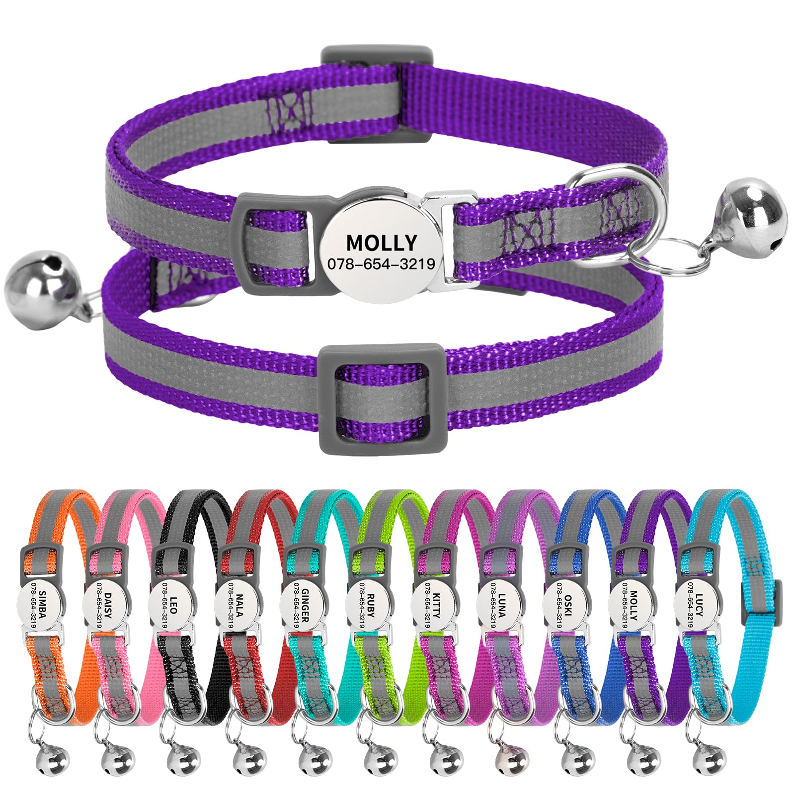 Personalised Reflective Cat Collar with Name Tag,Quick Release Kitten Collars with Bell Safety Buckle, Adjustable Nylon Cat Collar for Cats Kittens UK Prime (19–30 cm, Dark Purple Strip) — image 1