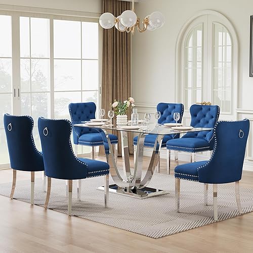 Miniatura 24 de Juego de mesa de comedor de cristal de 70 pulgadas para 6, moderna mesa de cocina de vidrio de 7 piezas y 6 sillas tapizadas de terciopelo, juego