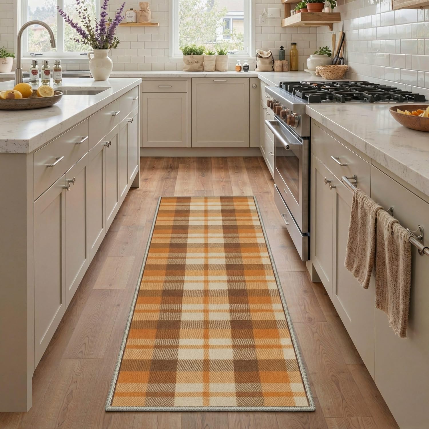 Bavni 2x5 Runner Rugs for Hallway Kitchen Laundry Room with Non Slip Backing, Low Pile Lightweight Machine Washable Print Pattern Rug for Bedroom Bathroom Entryway, Plaid, Warm Latte