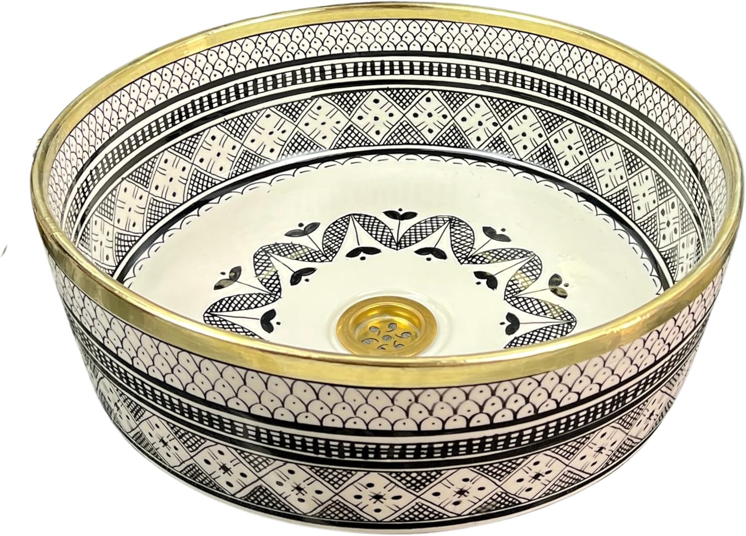 Black & Ivory Ceramic Bathroom Sink with Solid Brass Rim - Hand-Painted Round Countertop Vessel Basin (Biege, 8in = 20cm)