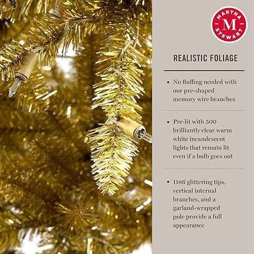 Miniatura 5 de MARTHA STEWART Árbol de Navidad artificial preiluminado de oropel, 7 pies, dorado