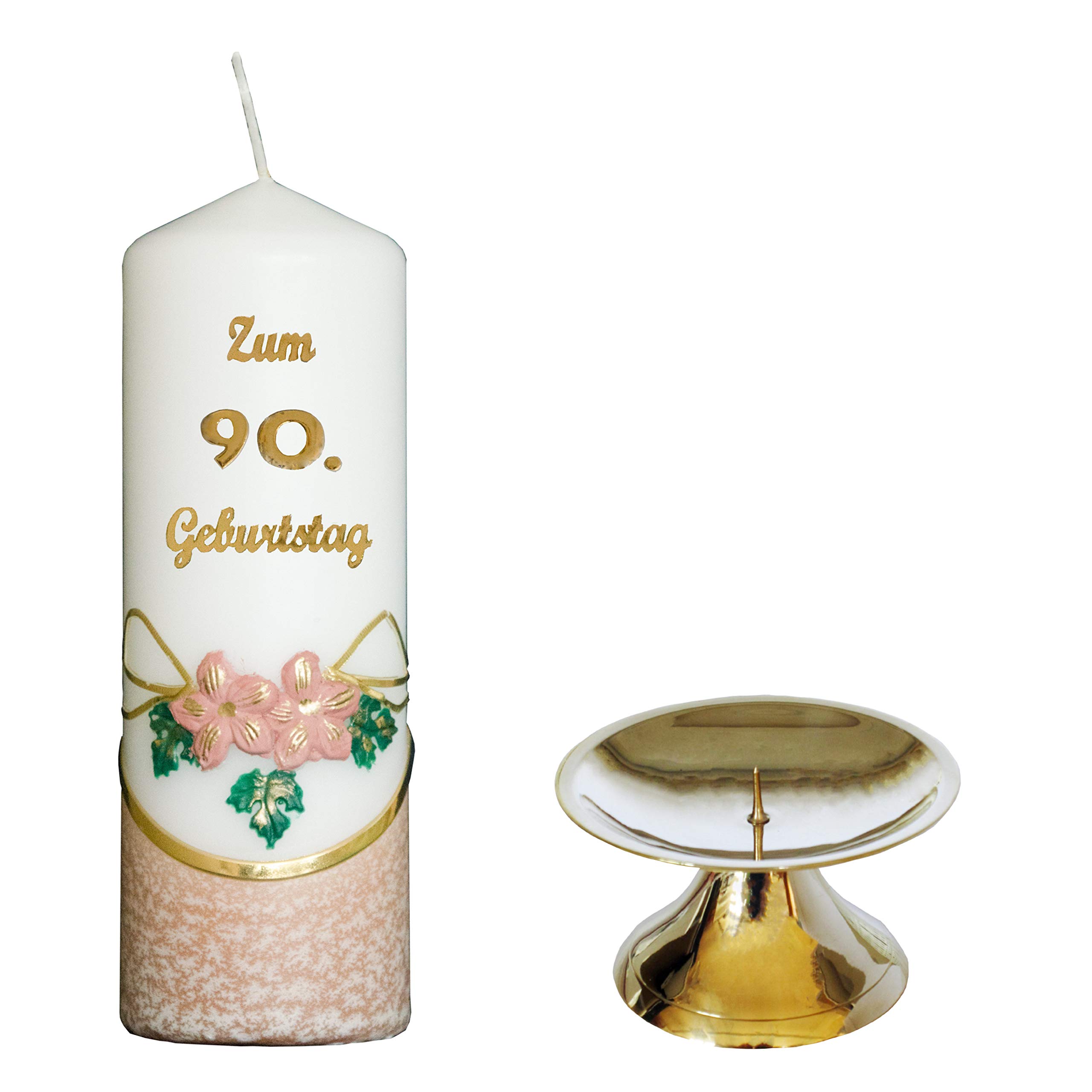 Meissner-Handel Auswahl * Jubiläumskerze/Geburtstagskerze ''Zum 90. Geburtstag'' * Terracotta * mit farbigen Wachsauflagen * inkl. Kerzenständer aus Messing * (Motiv 002) Auswahl Motiv + Farbe Küche, Haushalt & Wohnen