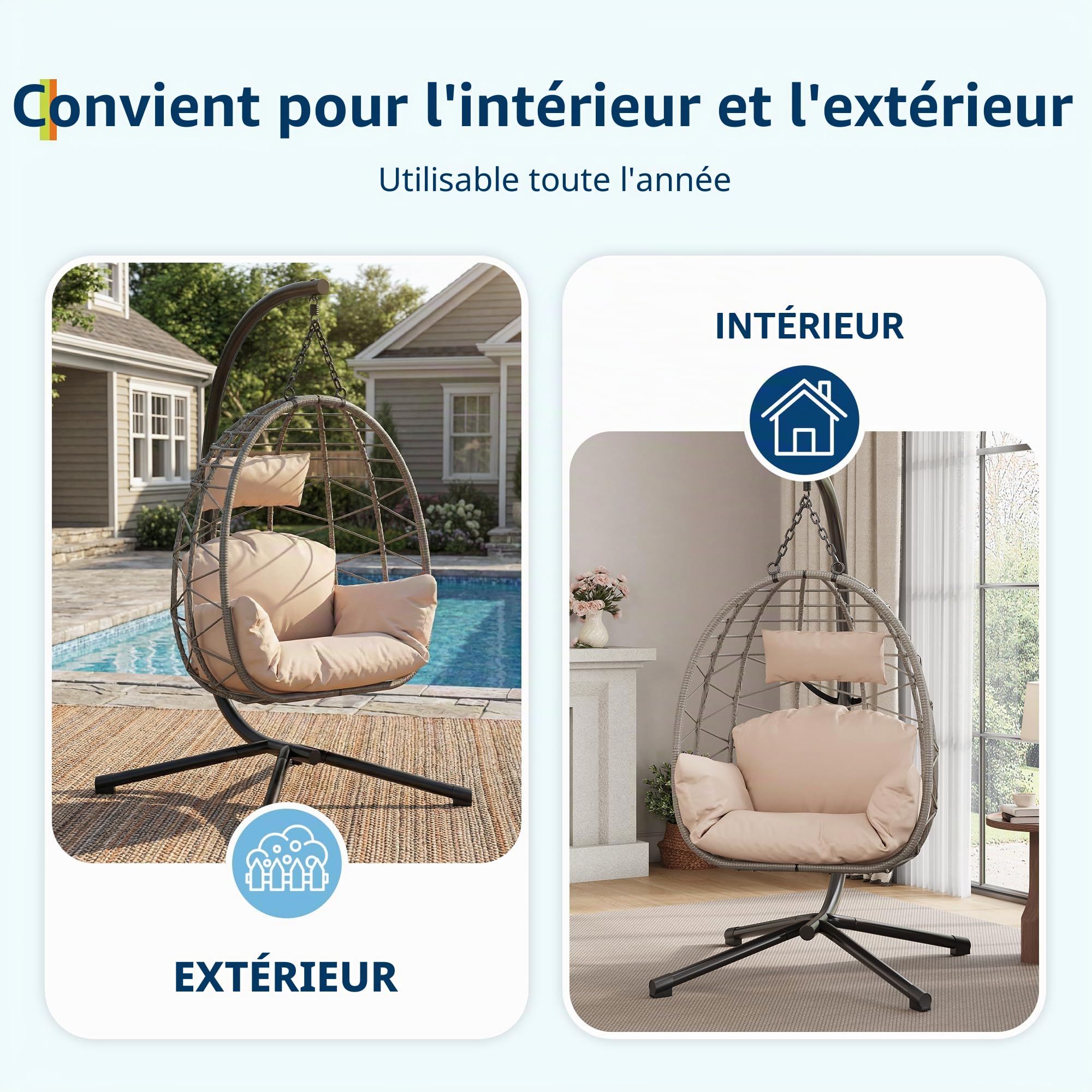 Fauteuil suspendu avec armature pour extérieur, résistant jusqu'à 150 kg, fauteuil en rotin avec armature métallique, idéal comme siège suspendu avec armature pour jardin, terrasse et balcon Beige