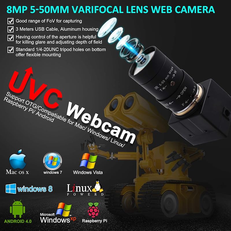 ELP 8MP USB Webkamera 2448P Manuális Zoom Objektívvel Mac/Windows/Linux Kompatibilis