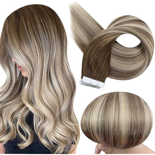Full Shine Tape in Hair Extensions Human Hair 22 Inch Adhesive Hair Extensions Dark Roots Balayage Color 3 8 22 Blonde Double Sided Tape Hair, Tape on Human Hair Extensions 50 Gram 20 Pieces