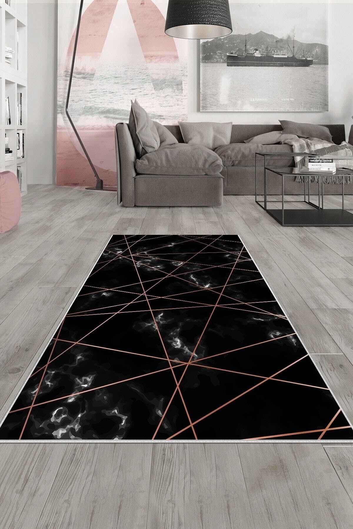 Pelangi Siyah Bordo Çizgili Yıkanabilir Kaymaz Taban Leke Tutmaz Modern Salon Halısı Ve Yolluk, Siyah-Rose Gold 180 x 280, 135807318028005