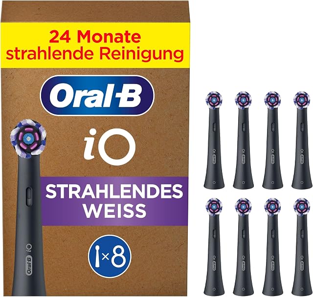 Oral-B iO Strahlendes Weiss Aufsteckbürsten — ORIGINAL Zahnbürstenaufsatz für Elektrische Oral-B iO Zahnbürsten, Zahnaufhellung für weißere Zähne — Schwarz, 8 Stück
