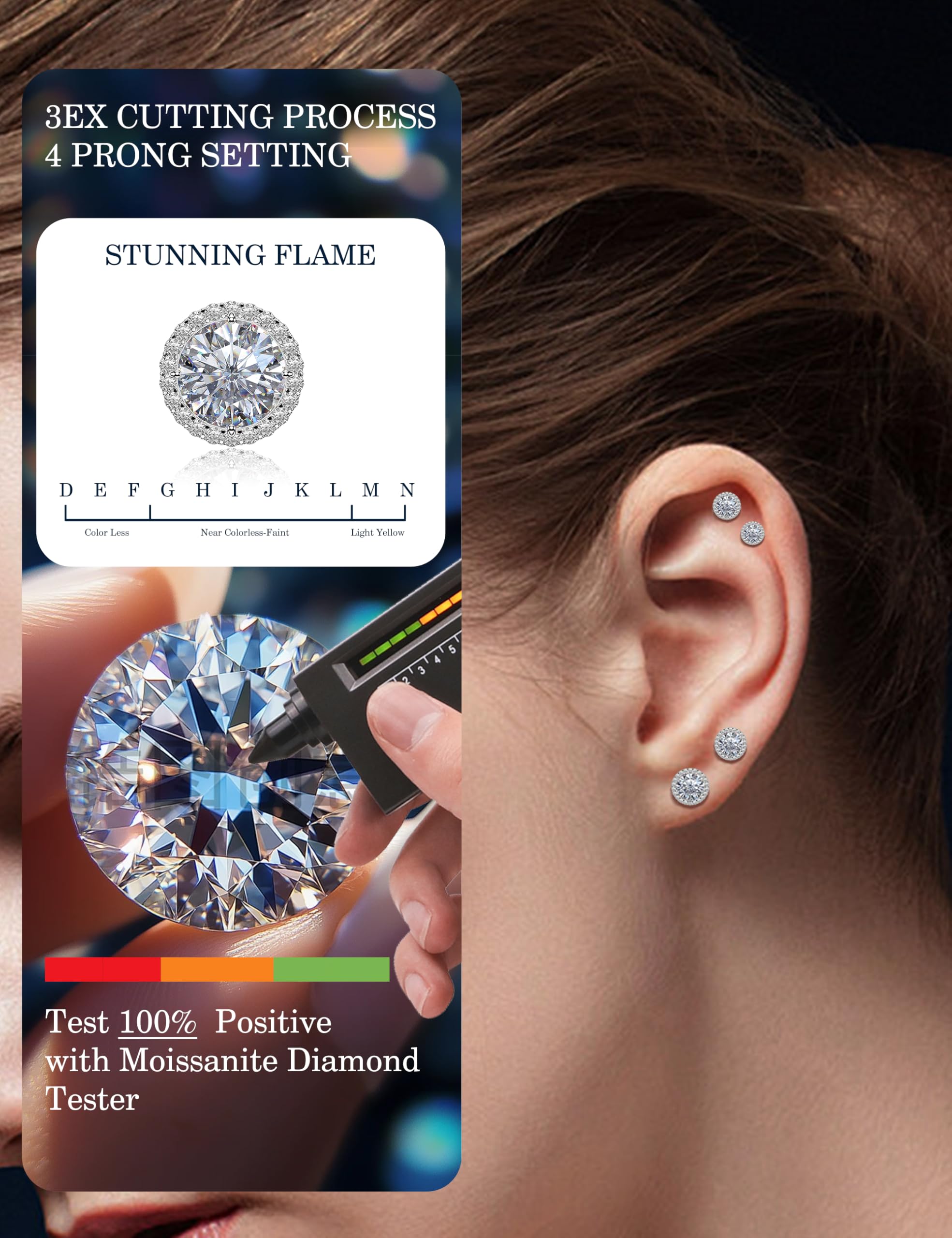 Moissanite Halo Earrings Studs : 1CT-4CT 18K White Gold Plated S925 Sterling Silver Stud Earrings for Women Men Hypoallergenic Dainty Moissanite Jewelry for Sensitive Ear D Color Round Cut VVS1