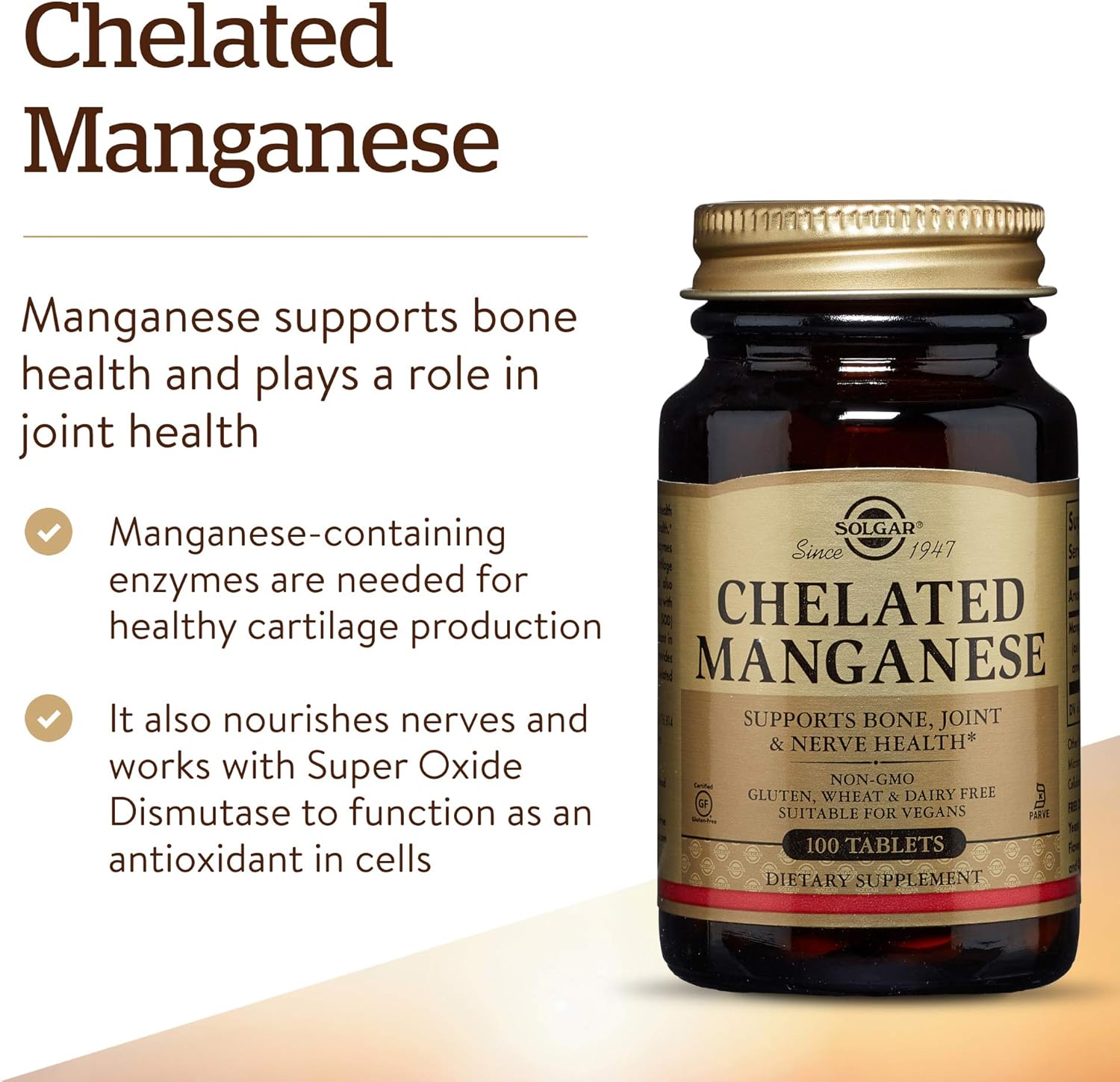 Solgar Chelated Manganese, 100 Tablets - Supports Bone, Joint & Nerve Health - Highly Absorbable - Non-GMO, Vegan, Gluten Free, Dairy Free, Kosher - 100 Servings : Health & Household