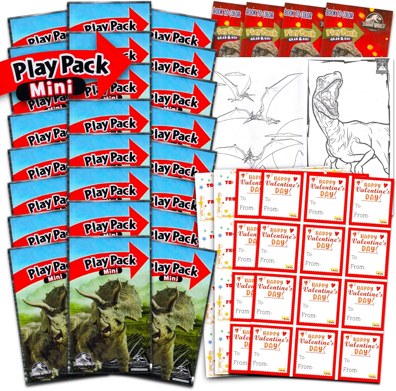Jurassic World Valentine's Day Classroom Exchange Bundle - 24 Jurassic Park Mini Coloring Books for School Valentines, More | Valentines Party Set