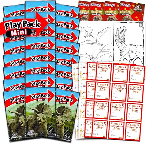 Jurassic World Valentines Day Classroom Gift Exchange - 24 Dinosaur Mini Coloring Books Bundle with Crayons, To and From Stickers and More  Premium