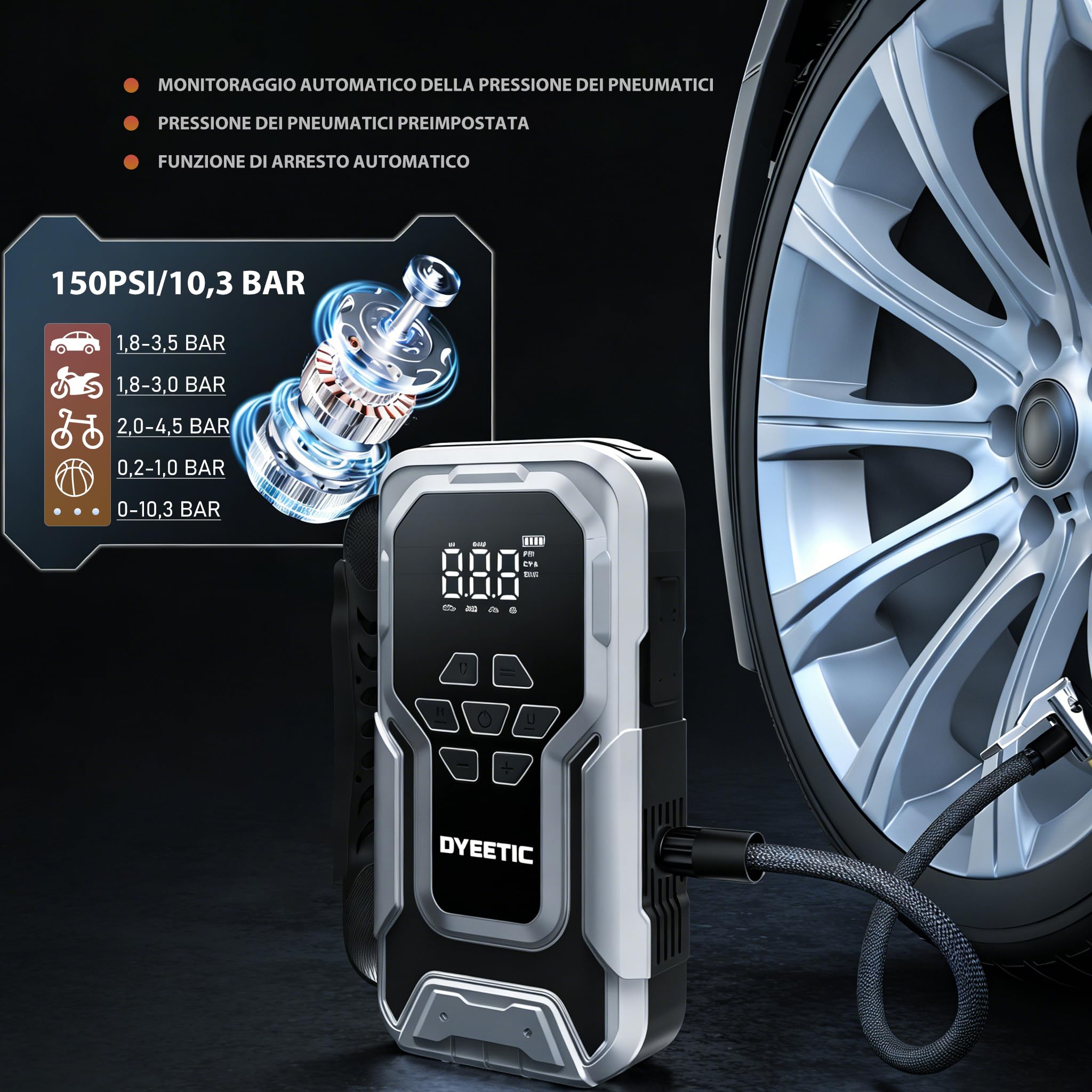 Avviatore Batteria Auto 8000A con Compressore 150PSI, Booster Avviamento per 12V Auto/Motor (All GAS e 12.0L Diesel), Jump Starter Power Bank Avviatore Emergenza con Torcia, Cavi di Avviamento