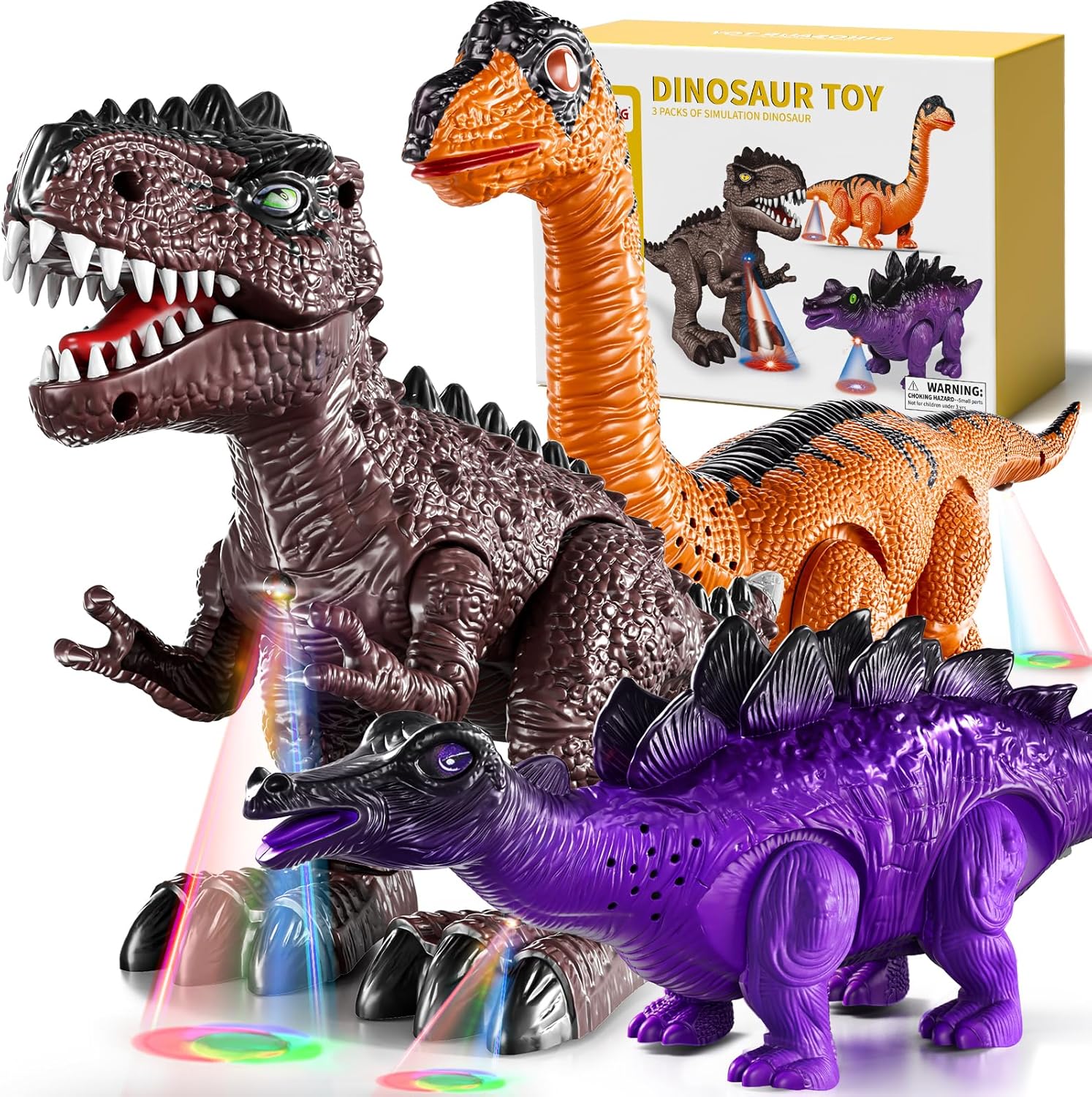 Lucky Doug 3 Pack Electric Realistic Dinosaur Toys with Simulated Sounds ＆ Lights for Boys Kids Aged 3 4 5 Years Old - Perfect Jurassic Tyrannosaurus Rex Gift for Birthday 3-5 Years - Image 3