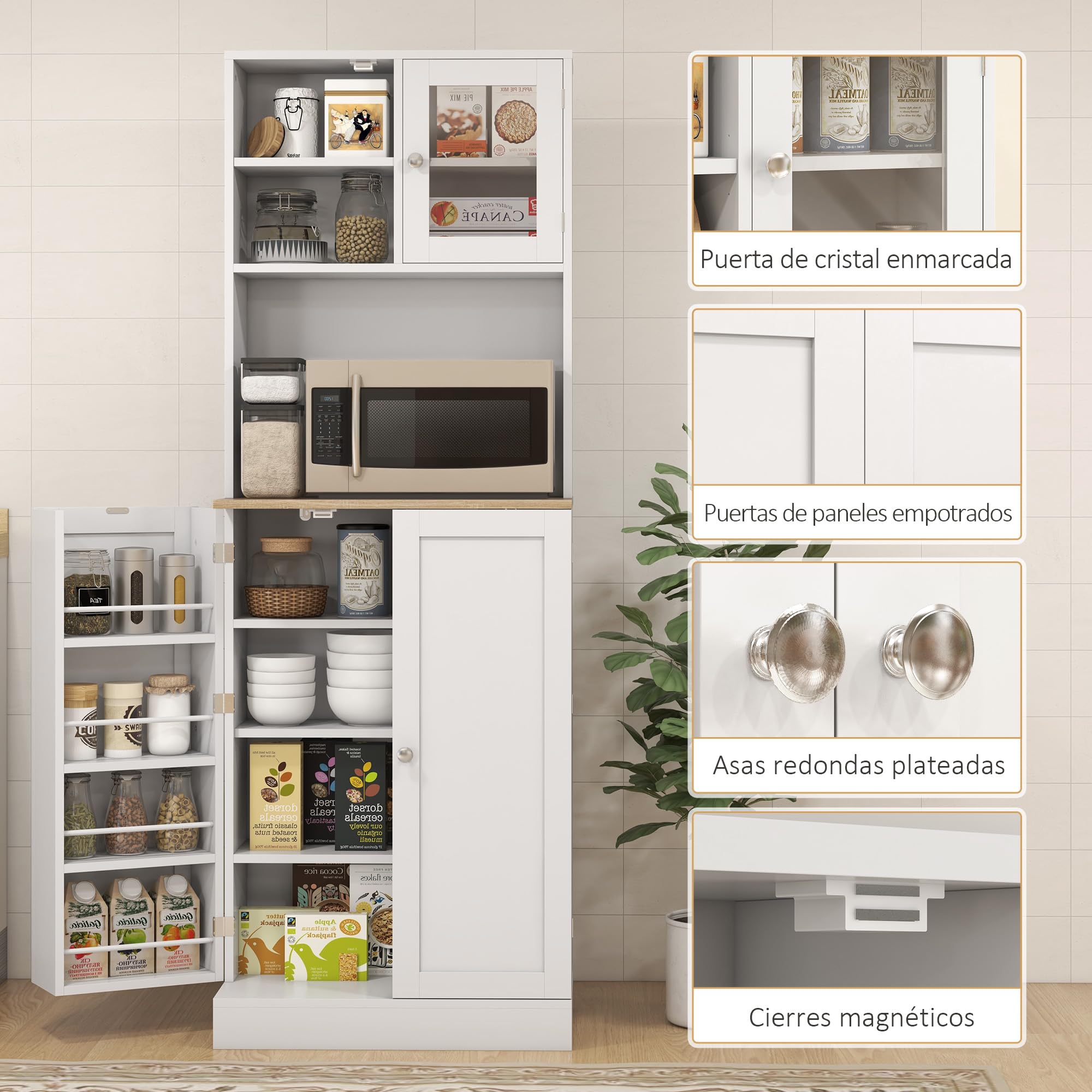 HOMCOM Alacena de Cocina, Armario de Cocina con 3 Puertas, Estantes Regulables y 8 Compartimentos en la Puerta, para Salón, Comedor, 60x35x169 cm, Blanco