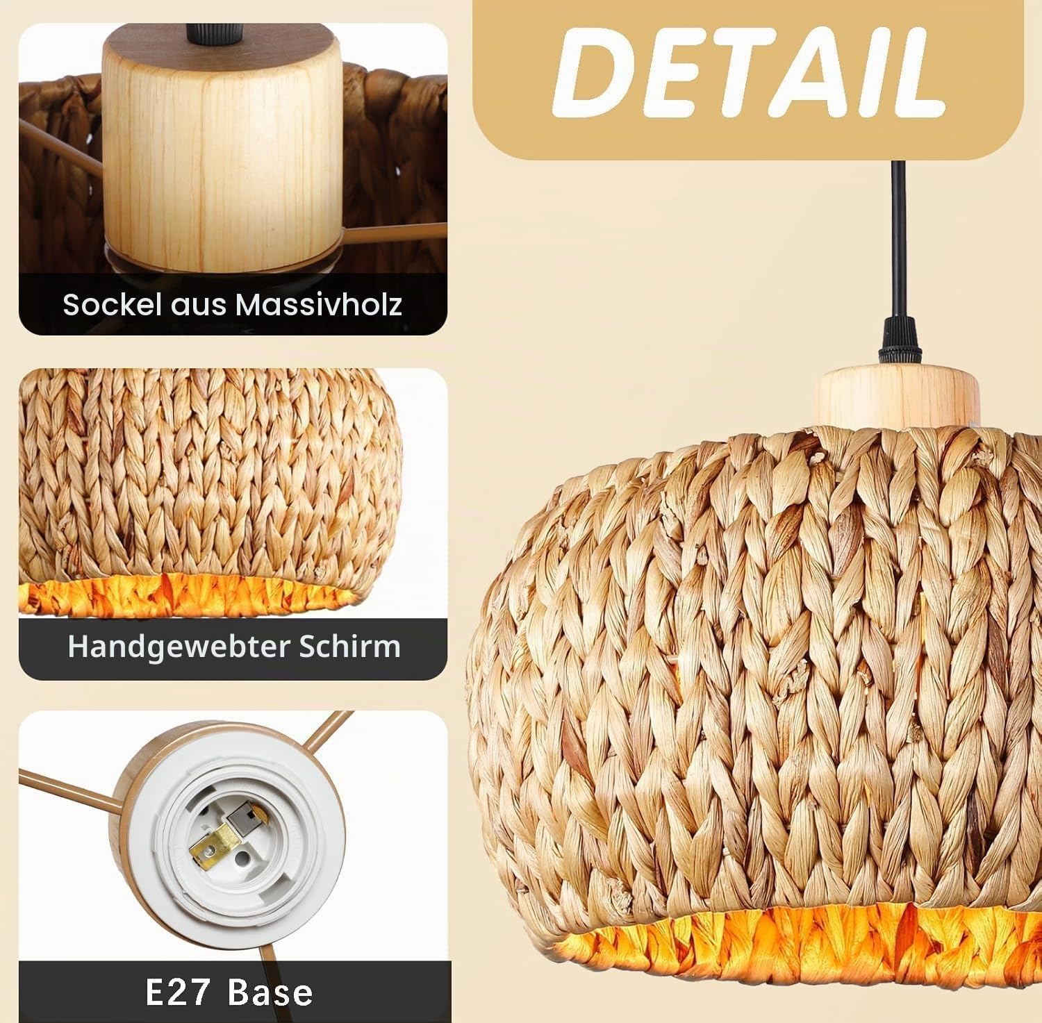 Boho Lampenschirm HäNgelampe,30Cm Wasserhyazinthe Weben Esstisch Lampe Handgewebt Korb Lampen E27 Retro KüChe Pendelleuchte FüR Schlafzimmer Wohnzimmer