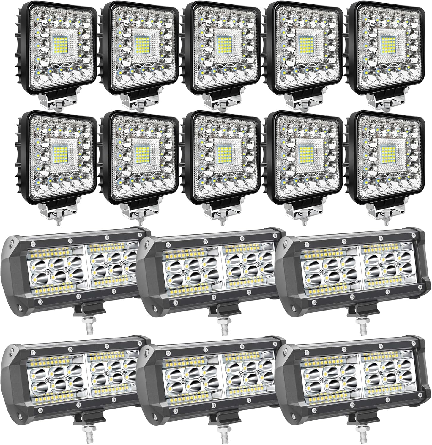 [4 Inch LED Work Lights for Tractors 10 Pack] + [6 Pack 7 Inches LED Light Bar for Truck]