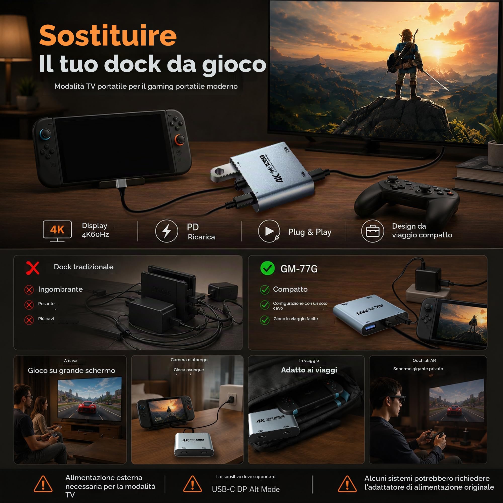 Guermok, Hub display USB-C doppio, 4K@60Hz, PD100W, USB3.0, 5 Gbps, argento | Ricarica durante la visualizzazione, Compatibile con occhiali AR, Plug & Play senza driver, console portatili, USB-C telefoni