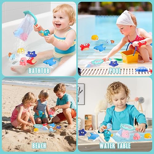 Vista 7 de Juguetes de baño sin moho para niños pequeños, juguetes de bañera sin agujeros con animales de mar, regadera de caballito de mar, red de pesca