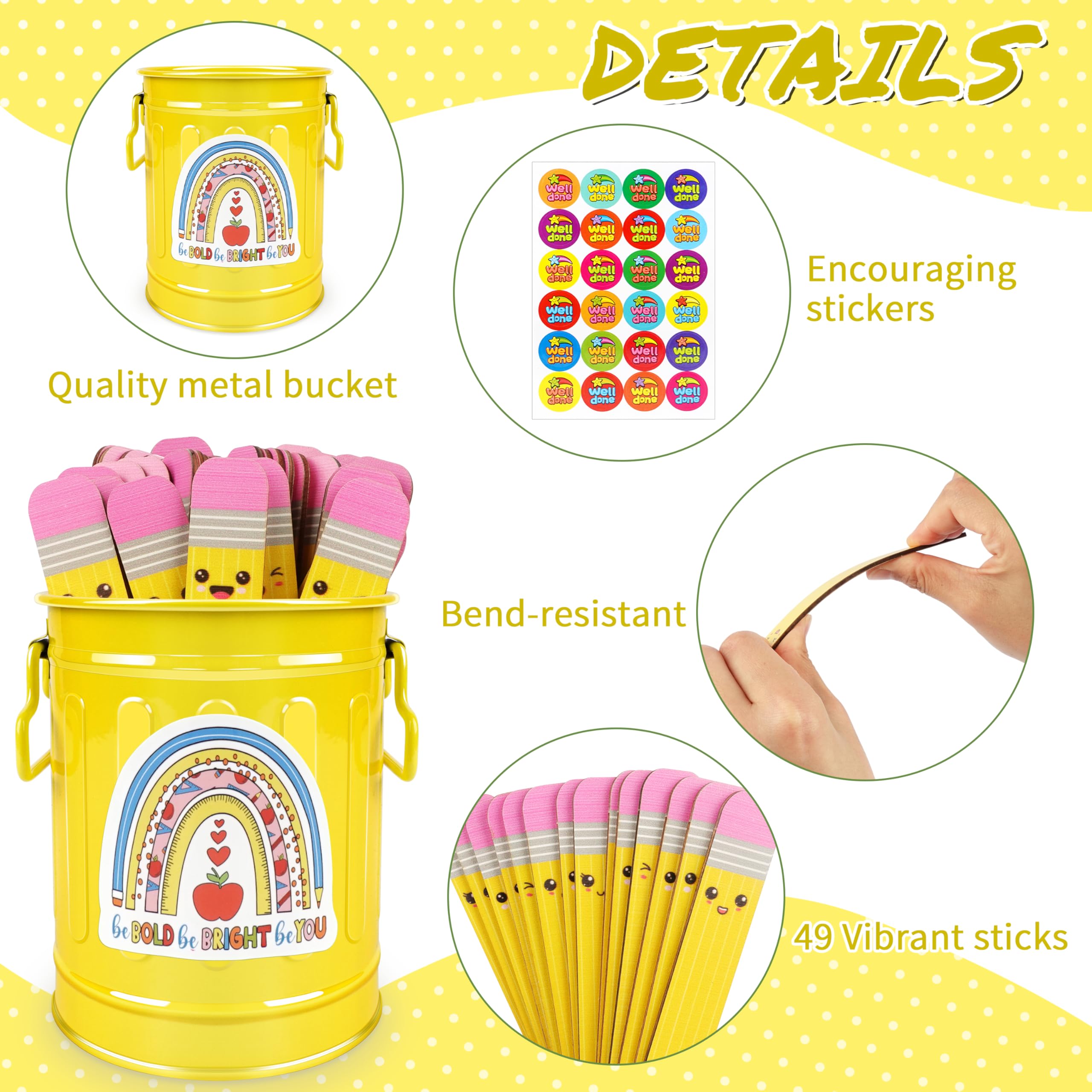 Lot de 49 bâtons de crayon en bois pour la rentrée des classes, pour enseignant, avec boîte de rangement, 240 autocollants de récompense pour groupe d'étudiants, gestion des activités d'apprentissage