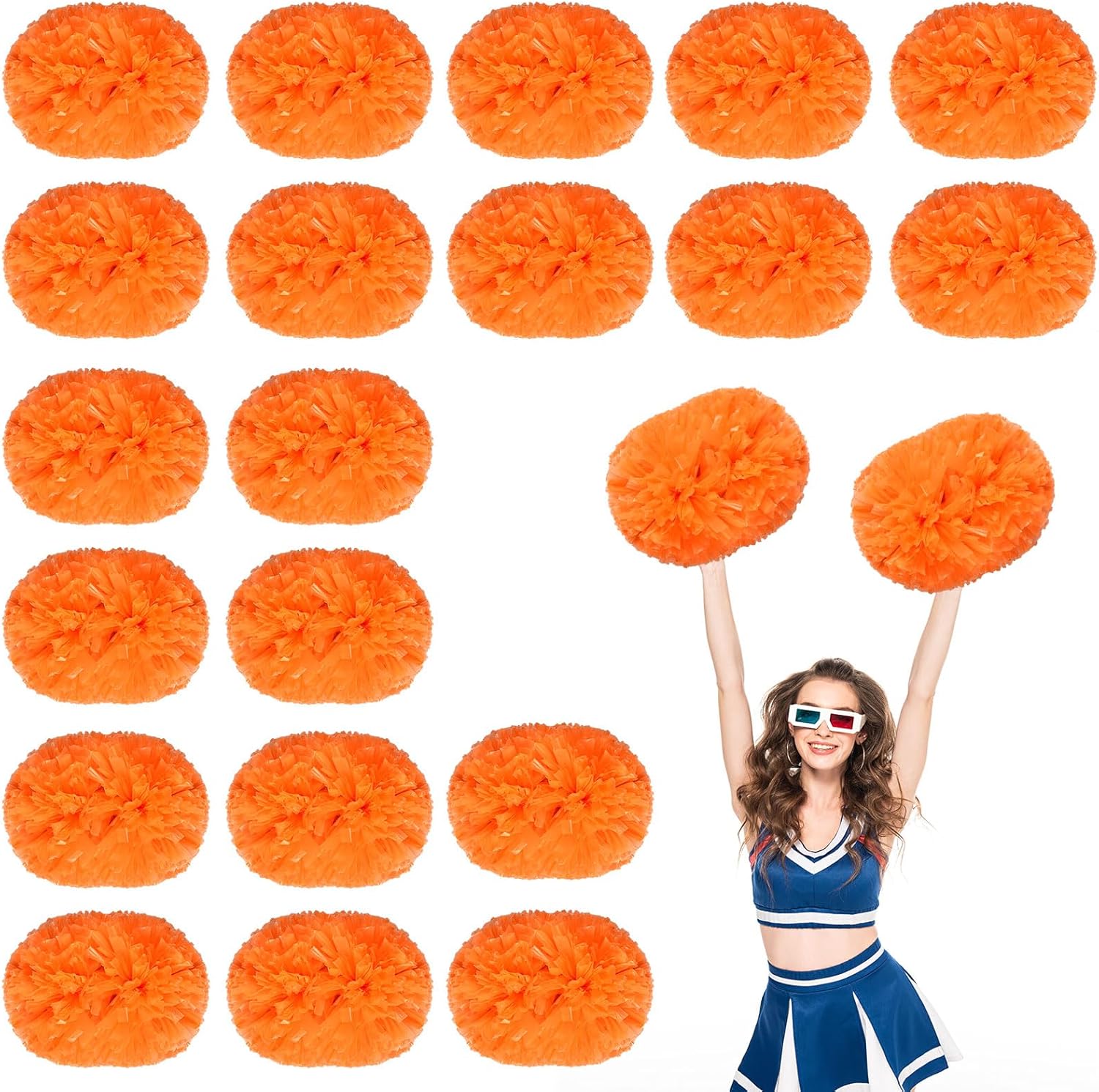 Metallic Cheerleading Pom Poms, 20Pcs Cheerleaders Cheer Pom Poms with Baton Handle Metallic Foil Pompoms for Adult (Orange)